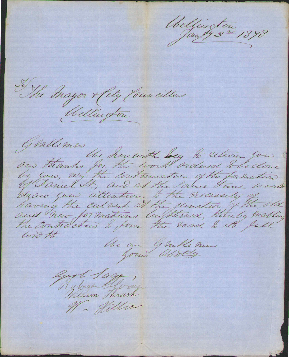 Re thanks for proposed extension of Daniell Street, asking to lengthen culvert at junction of works - William Thrush and others