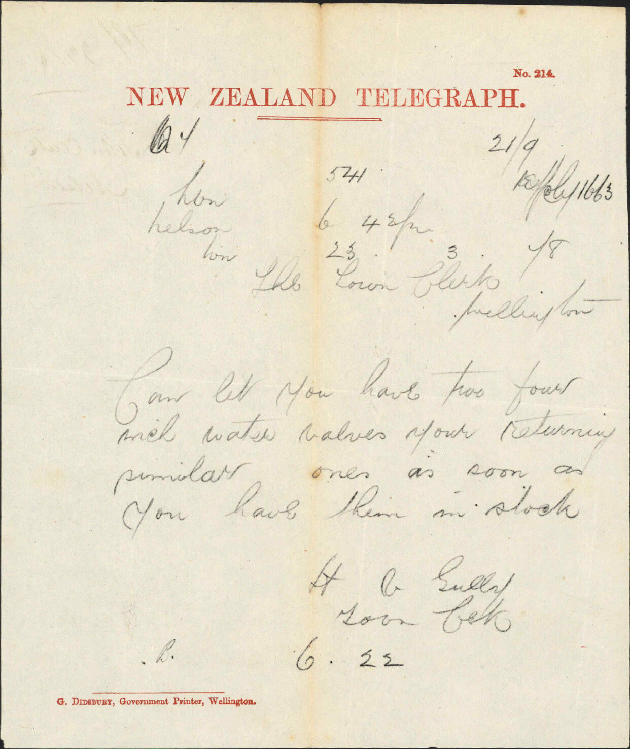 Re water pipes - Town Clerk, Nelson