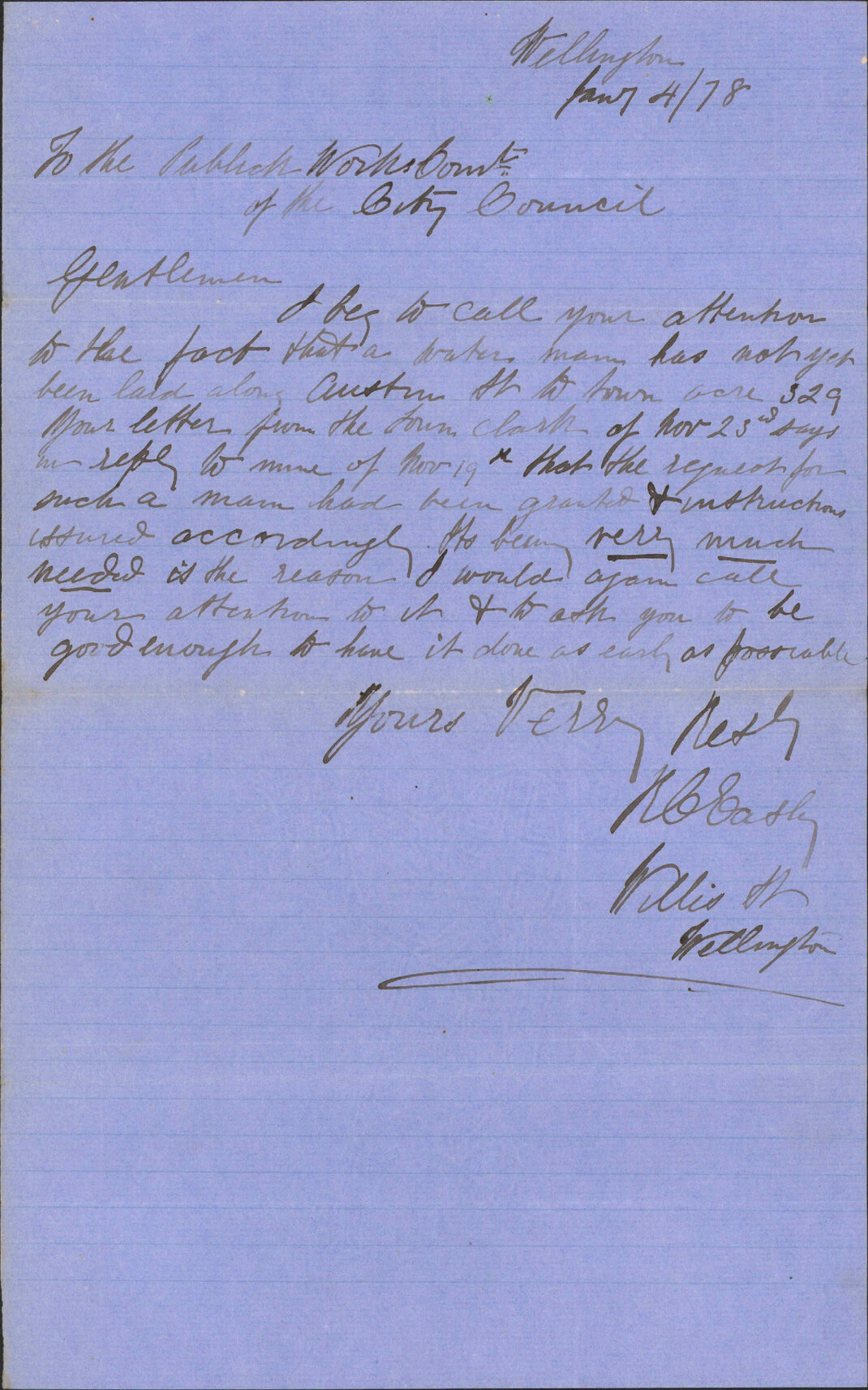 Re as to water main not having been laid in Austin Street - Easly