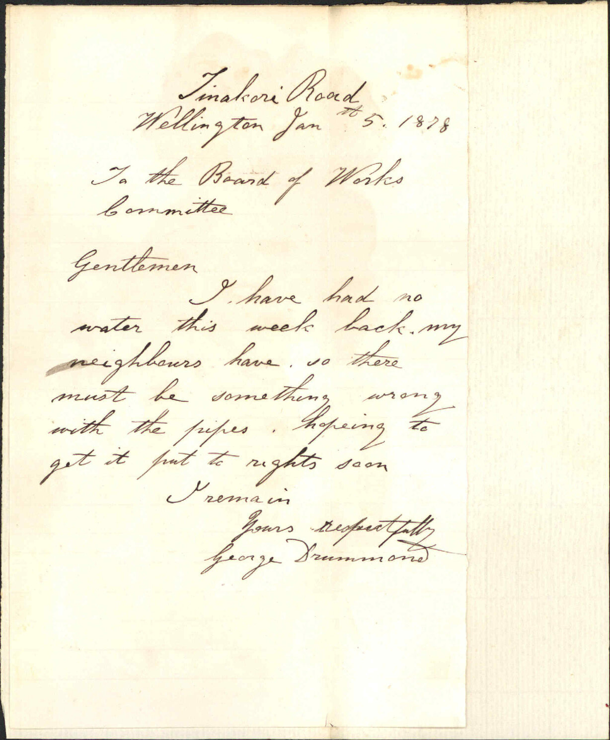 Re no water to his and his neighbours, Tinakori Road - George Drummond