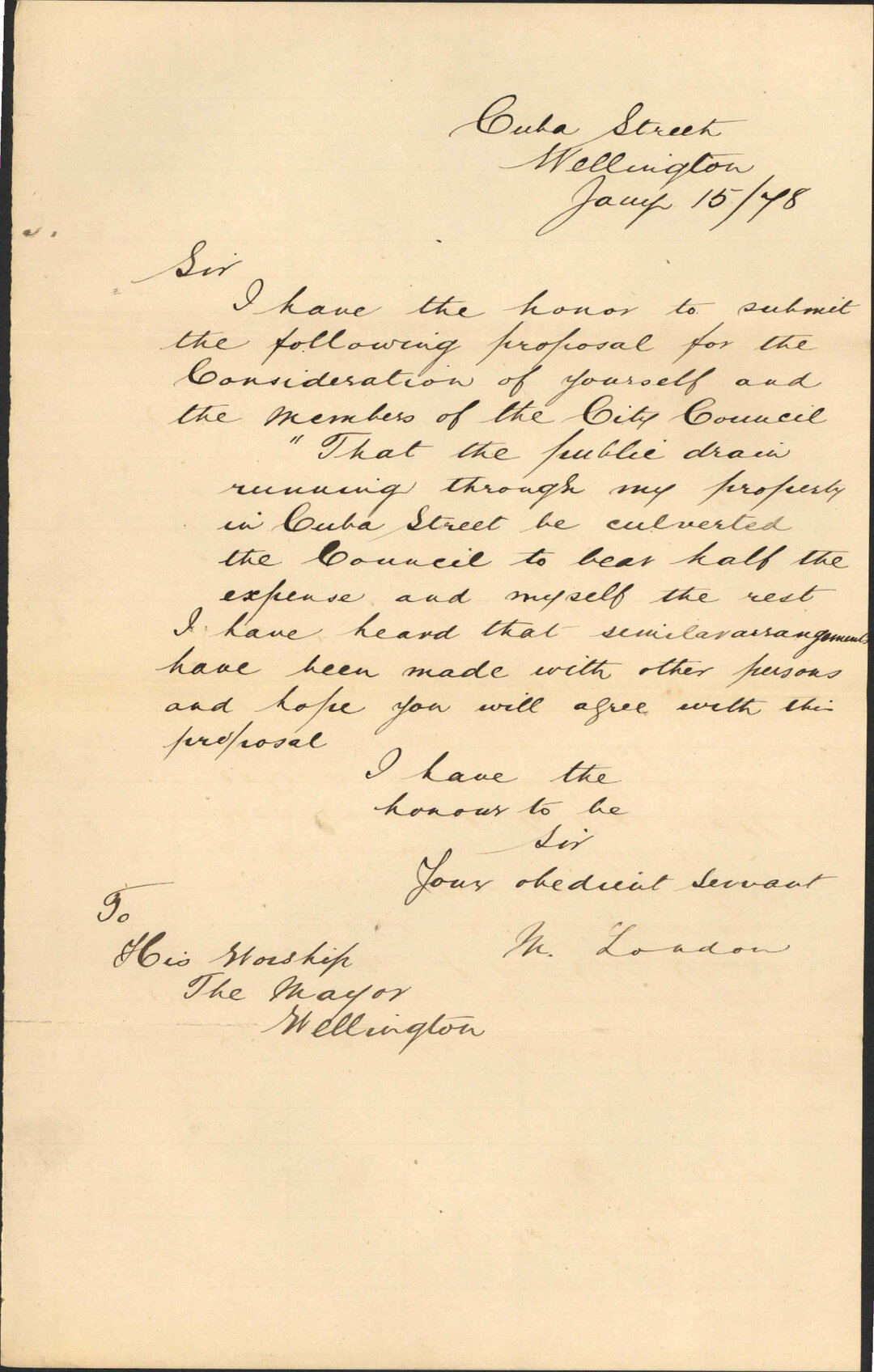 Re culverting public drain running through his property in Cuba Street - W Loudon