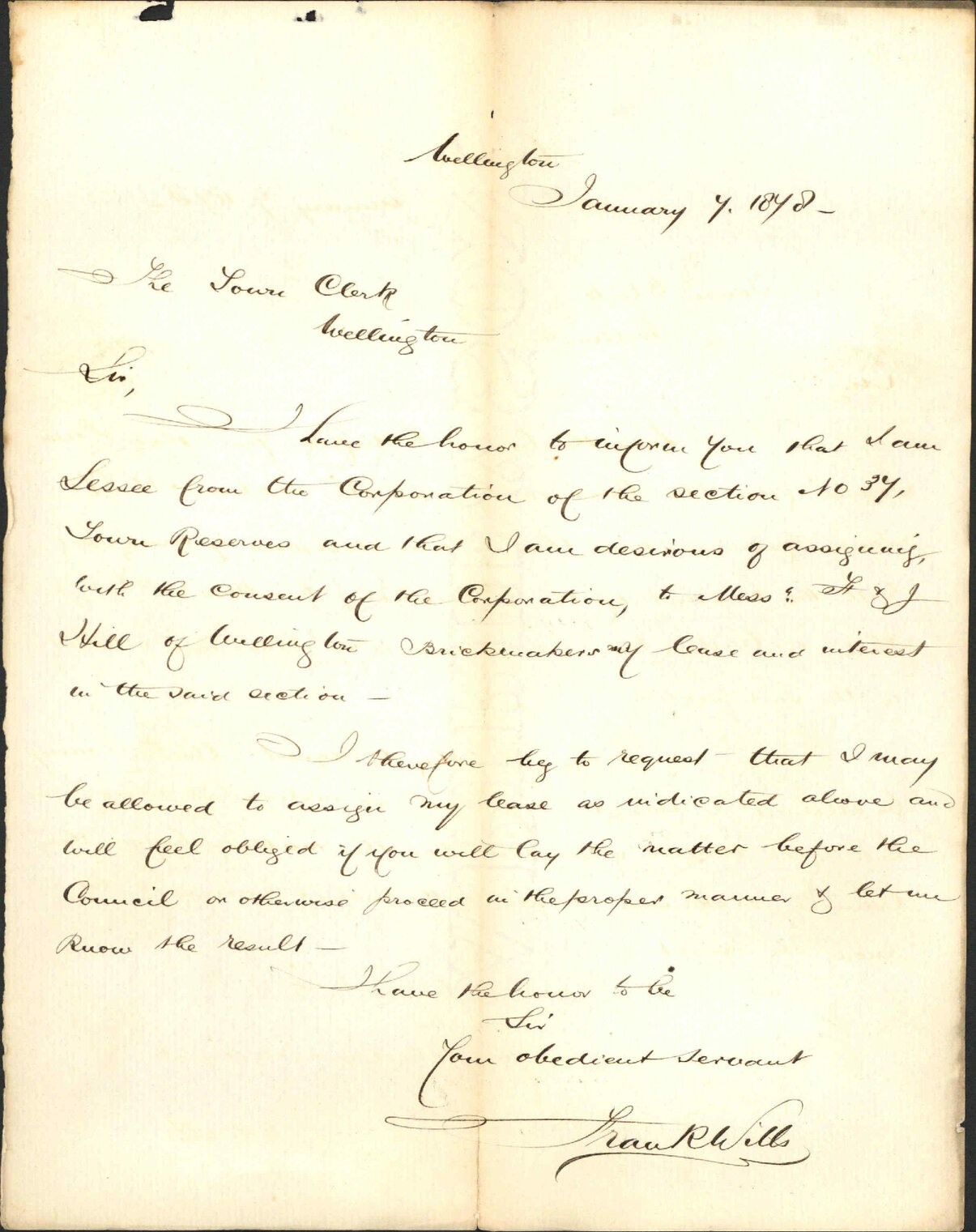 Re changing lease of Town Reserve land - F Wills