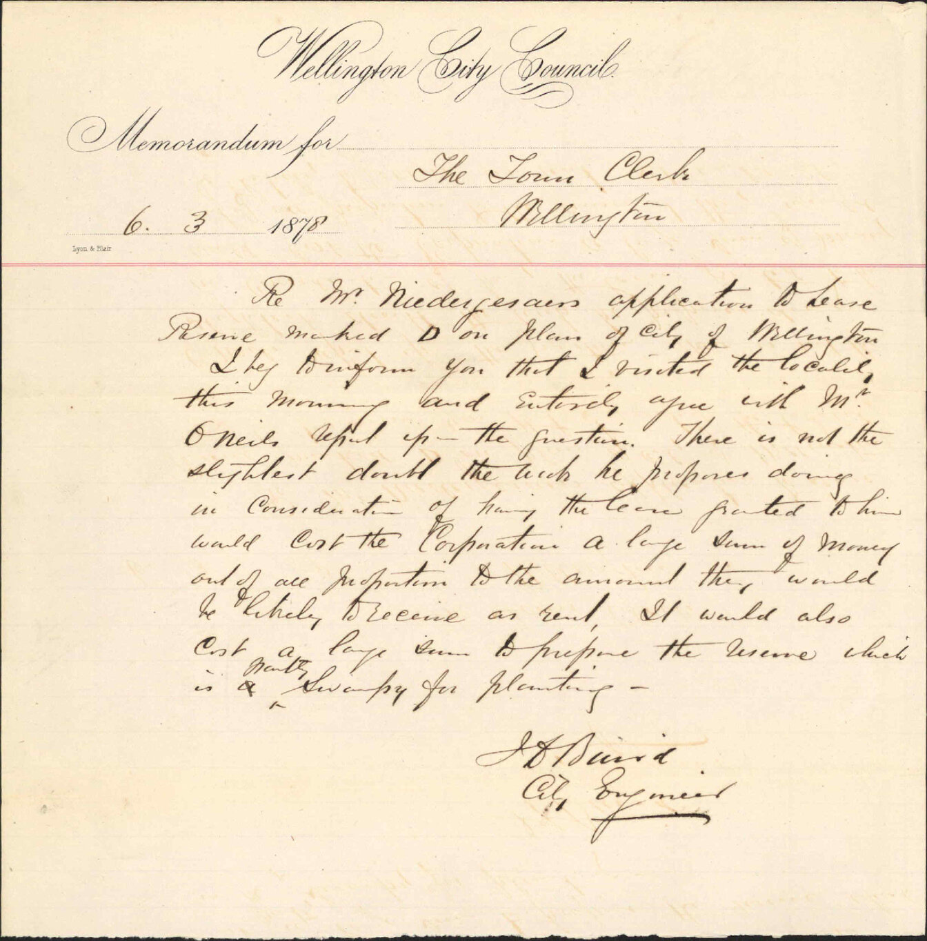 Re memo to Town Clerk re Mr Neideryesaers plan to lease reserve marked D on City of Wellington plan - J Baird City Engineer
