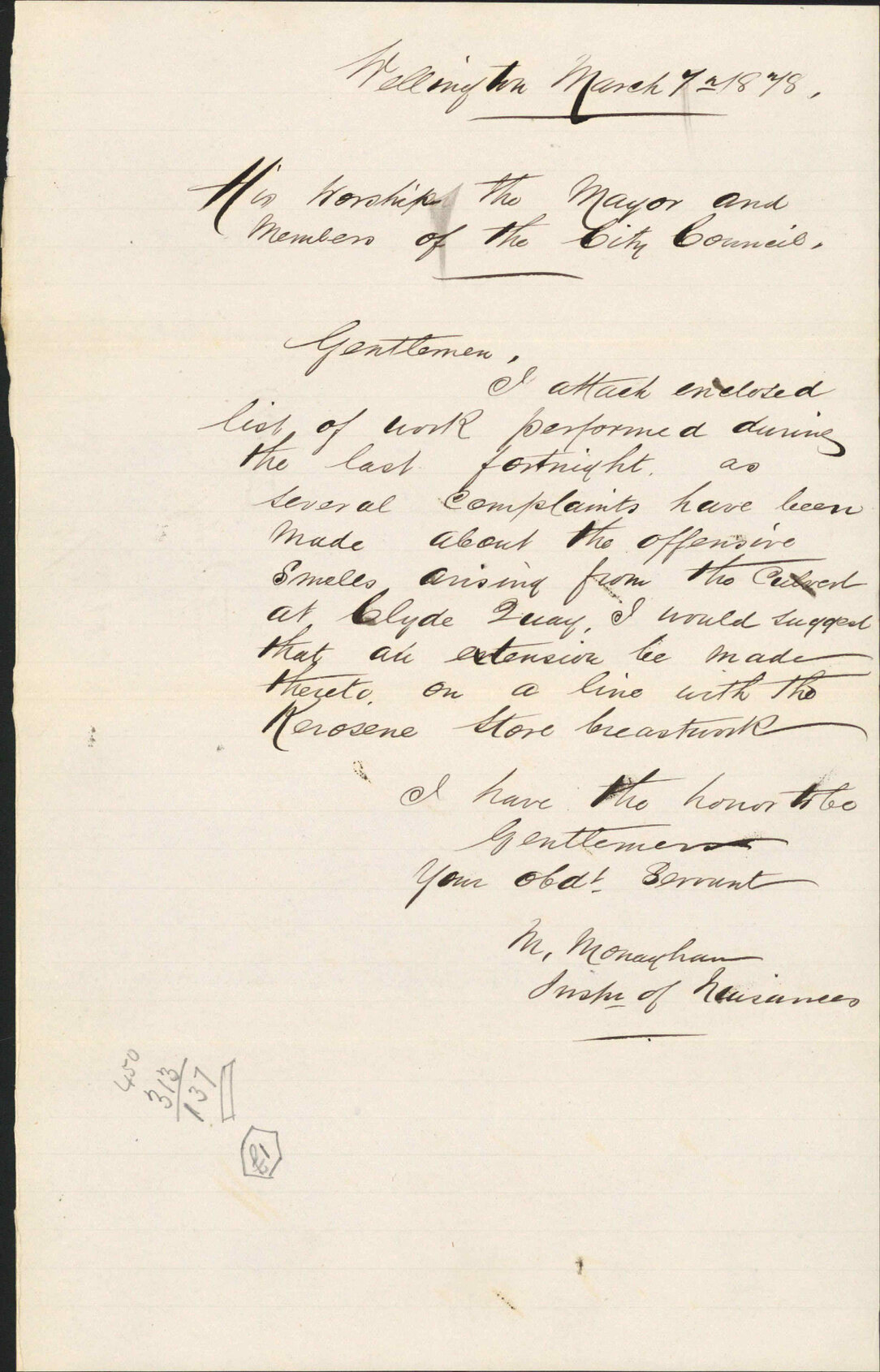 Re attaching list of last fortnights works, also complaints re culvert at Clyde Quay -Mr Monaghan, Inspector of Nuisances