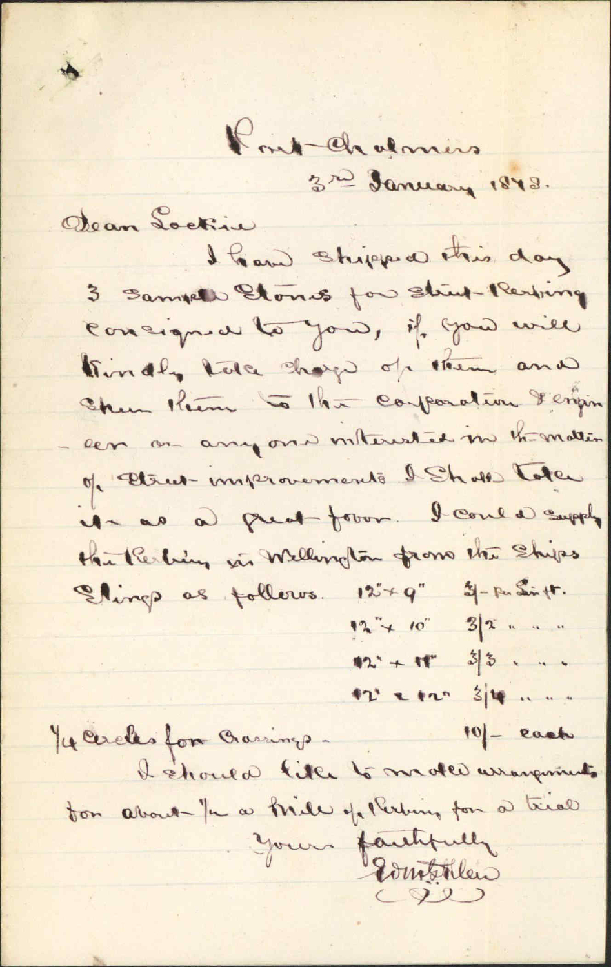 Re stone kerbing, letter from E G Allen - James Lockie