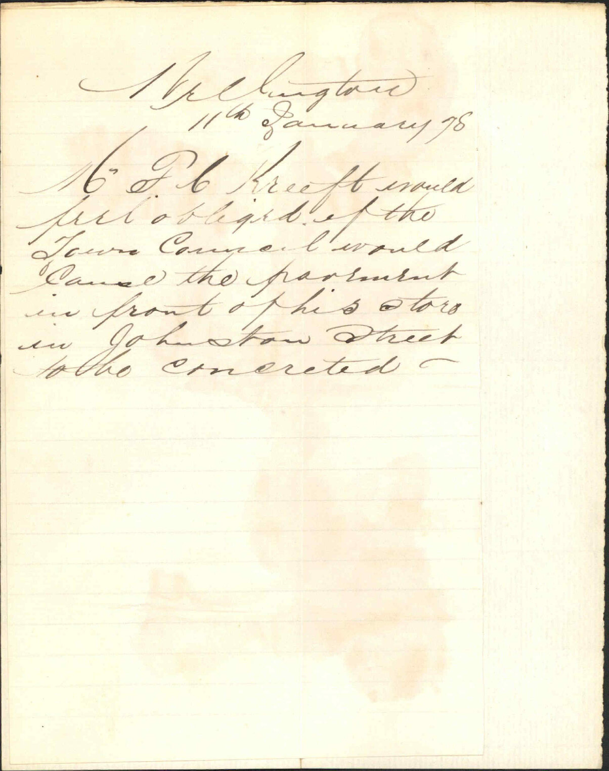 Re connecting pavement in front of his store, Johnston Street - F C Kreft