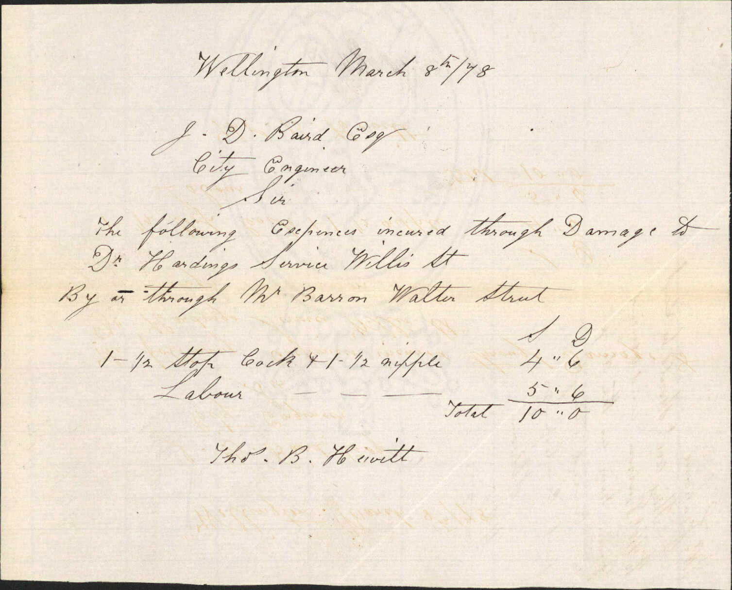 Re expenses for damage, Willis Street, Walter Street - Thomas B Hewitt