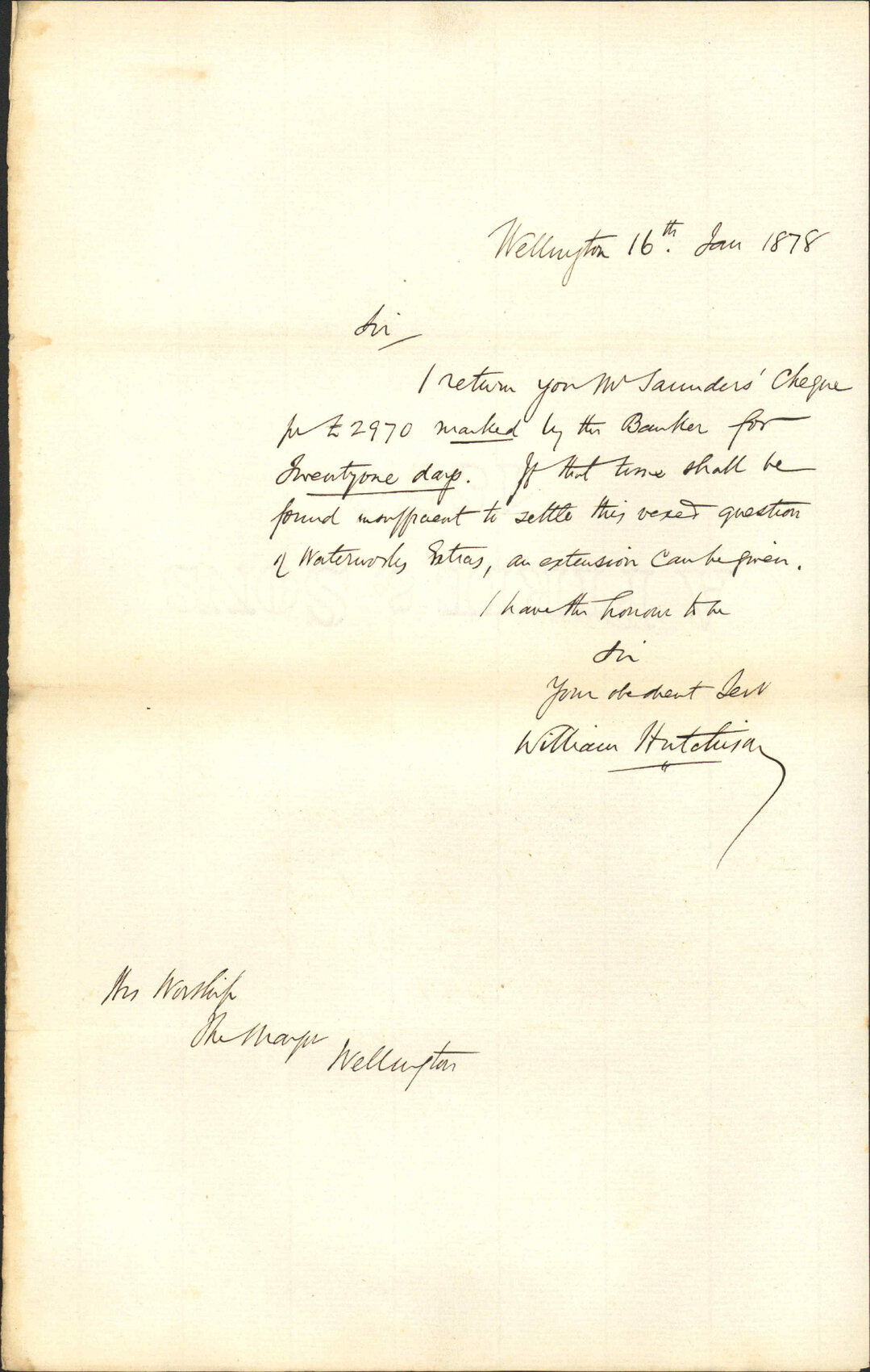 Re cheque from Mr Saunders - William Hutchison