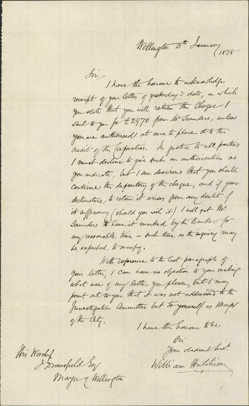 Re cheque from Mr Saunders - William Hutchison