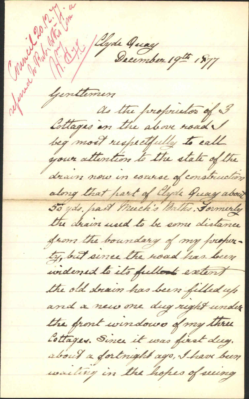 Re complaint as to drain down Clyde Quay - Thomas Frost