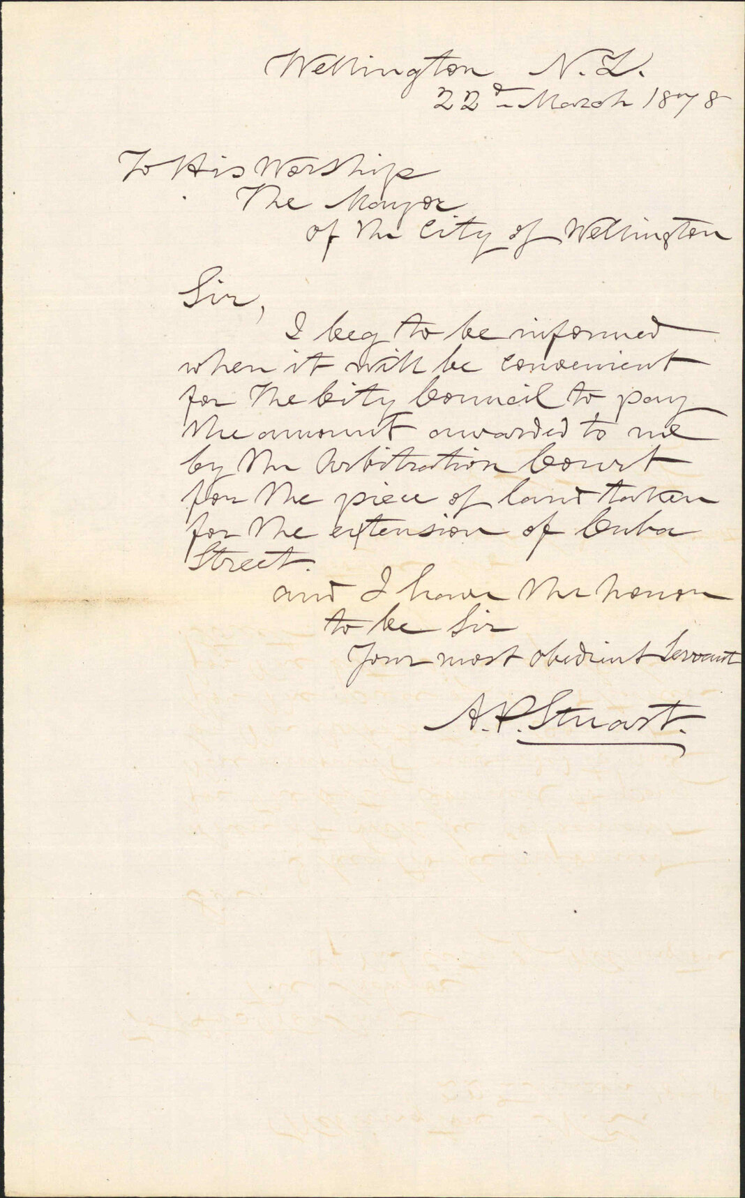 Re wanting money owing from arbitration over land taken for Cuba Street extension - A P Stewart