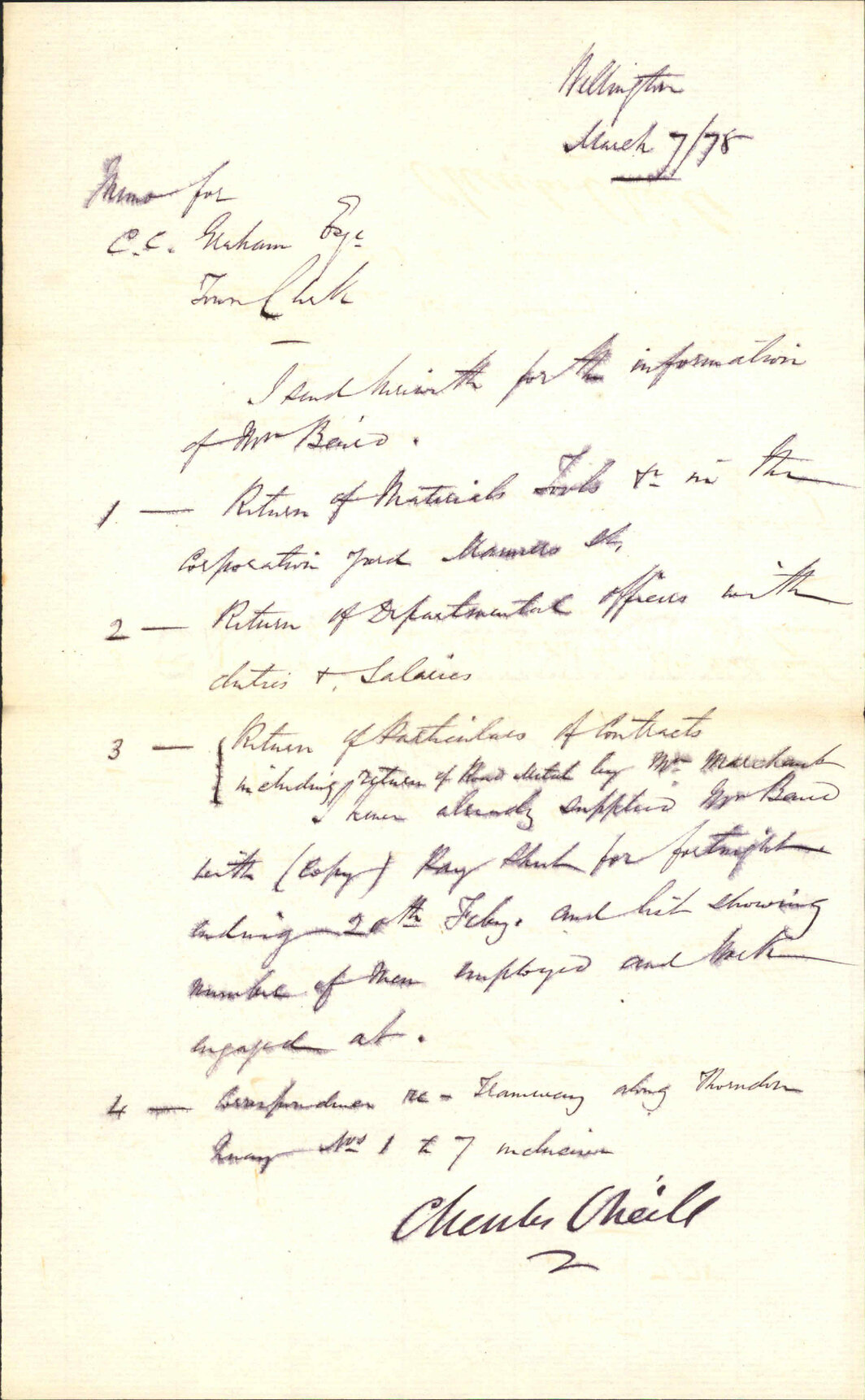 Re sending returns re Engineers office - Mr O'Neil