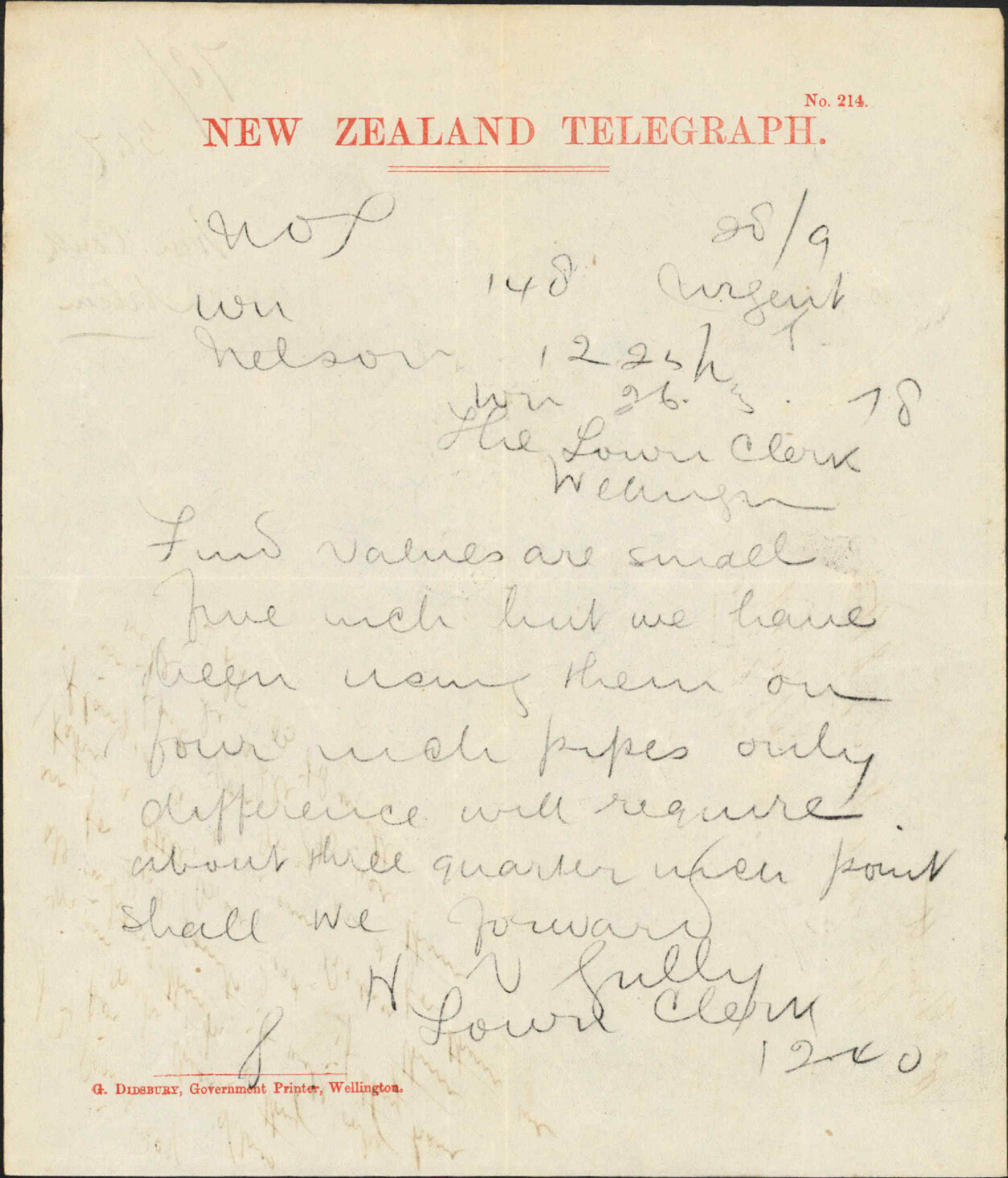 Re waterworks supplies - Town Clerk, Nelson