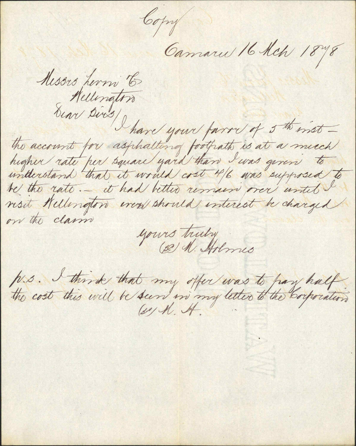 Re dispute over account for asphalting footpath - M Holmes