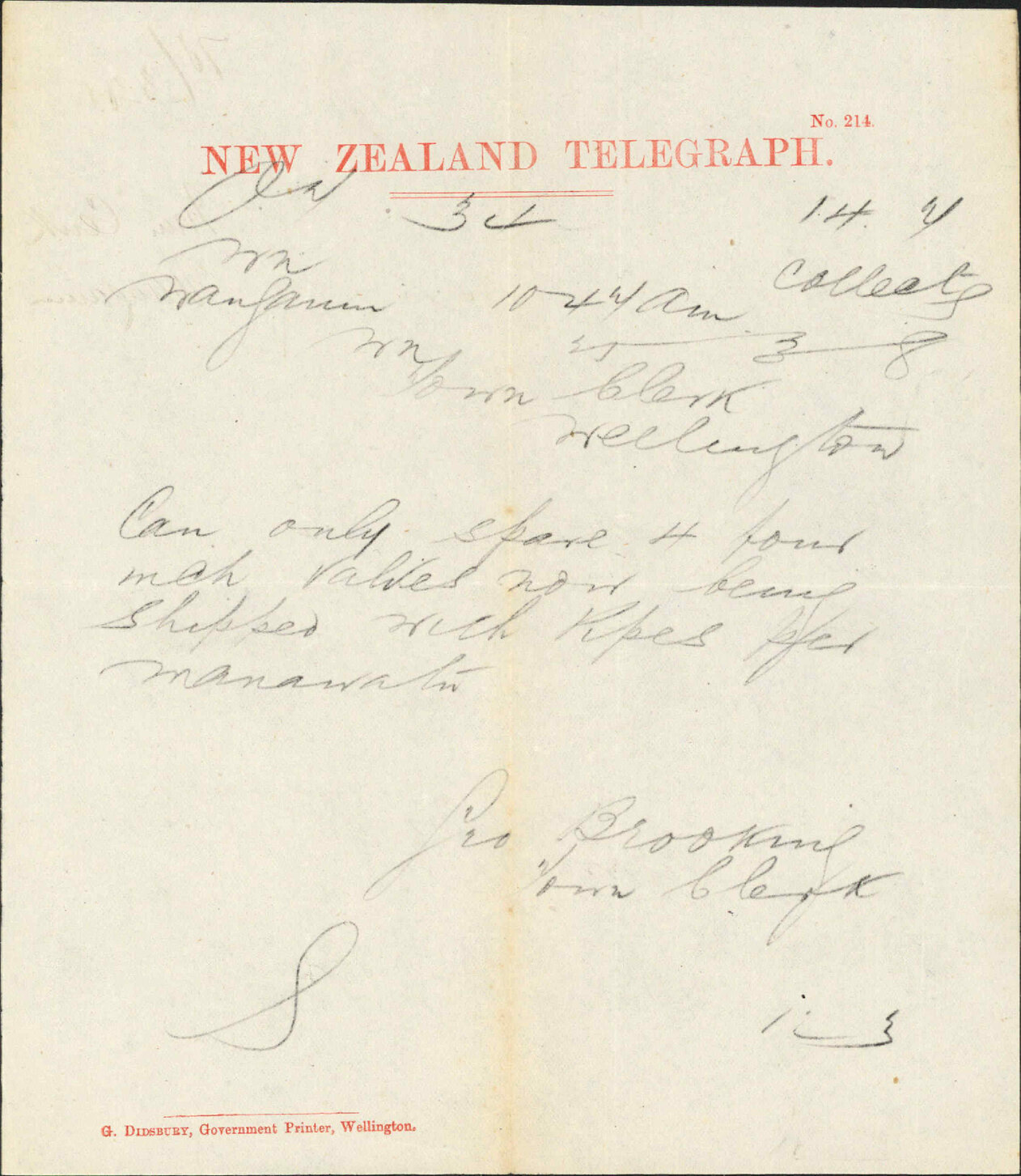 Re water pipes - Town Clerk, Wanganui