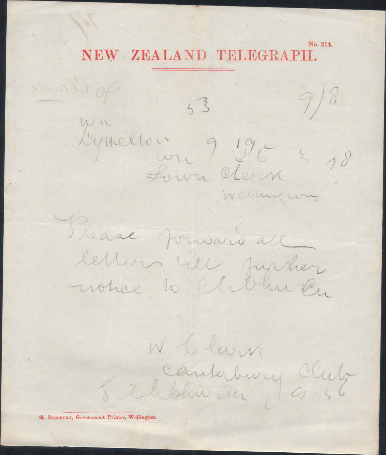 Re change in address for forwarding letters - Town Clerk, Lyttleton