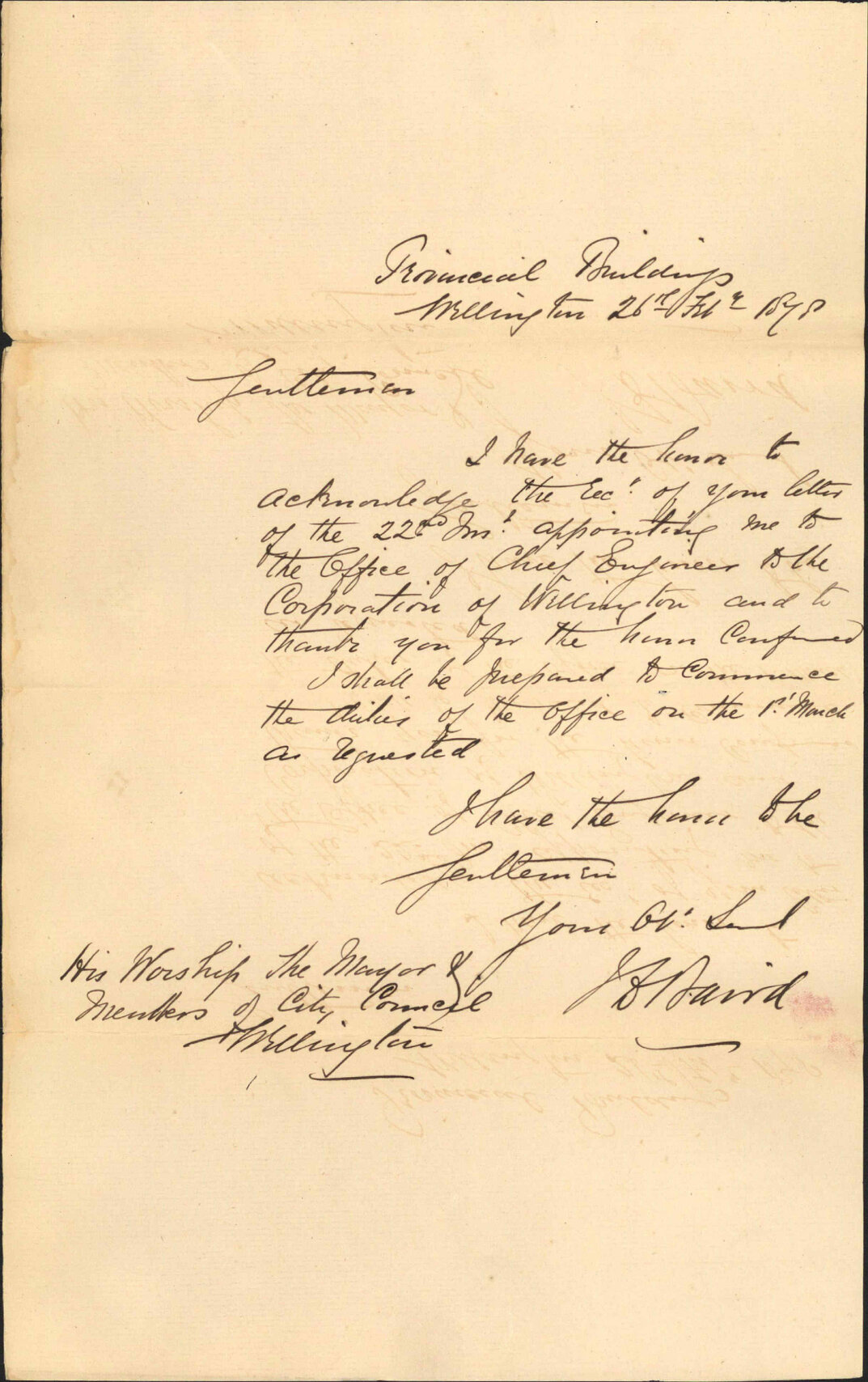 Re appointment as City Engineer - J W Baird, Provincial Building