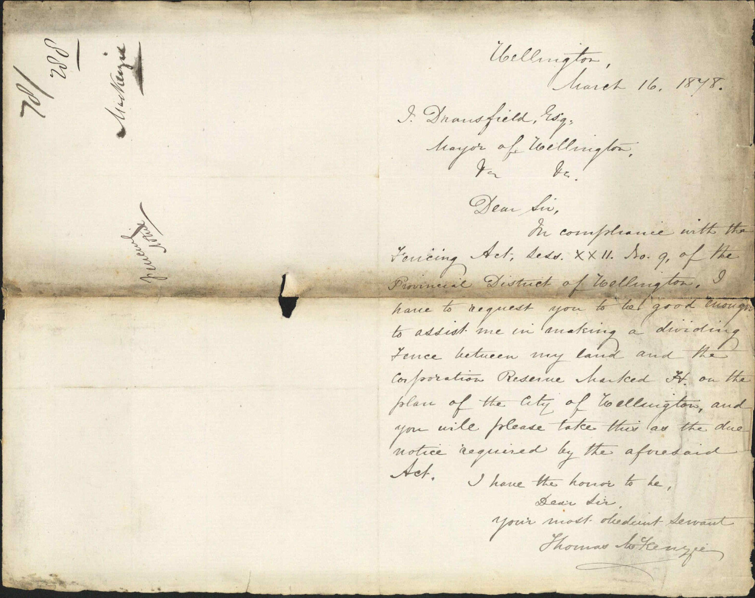 Re making dividing fence between his land/Corporation reserve - Thomas McKenzie