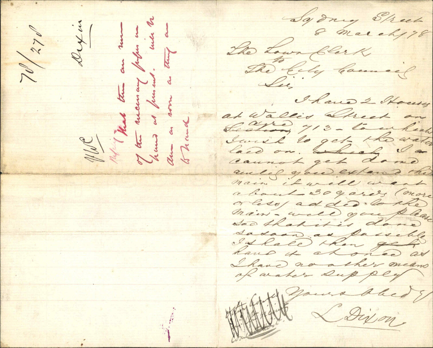 Re laying water to properties in Wallis Street - L Dixon