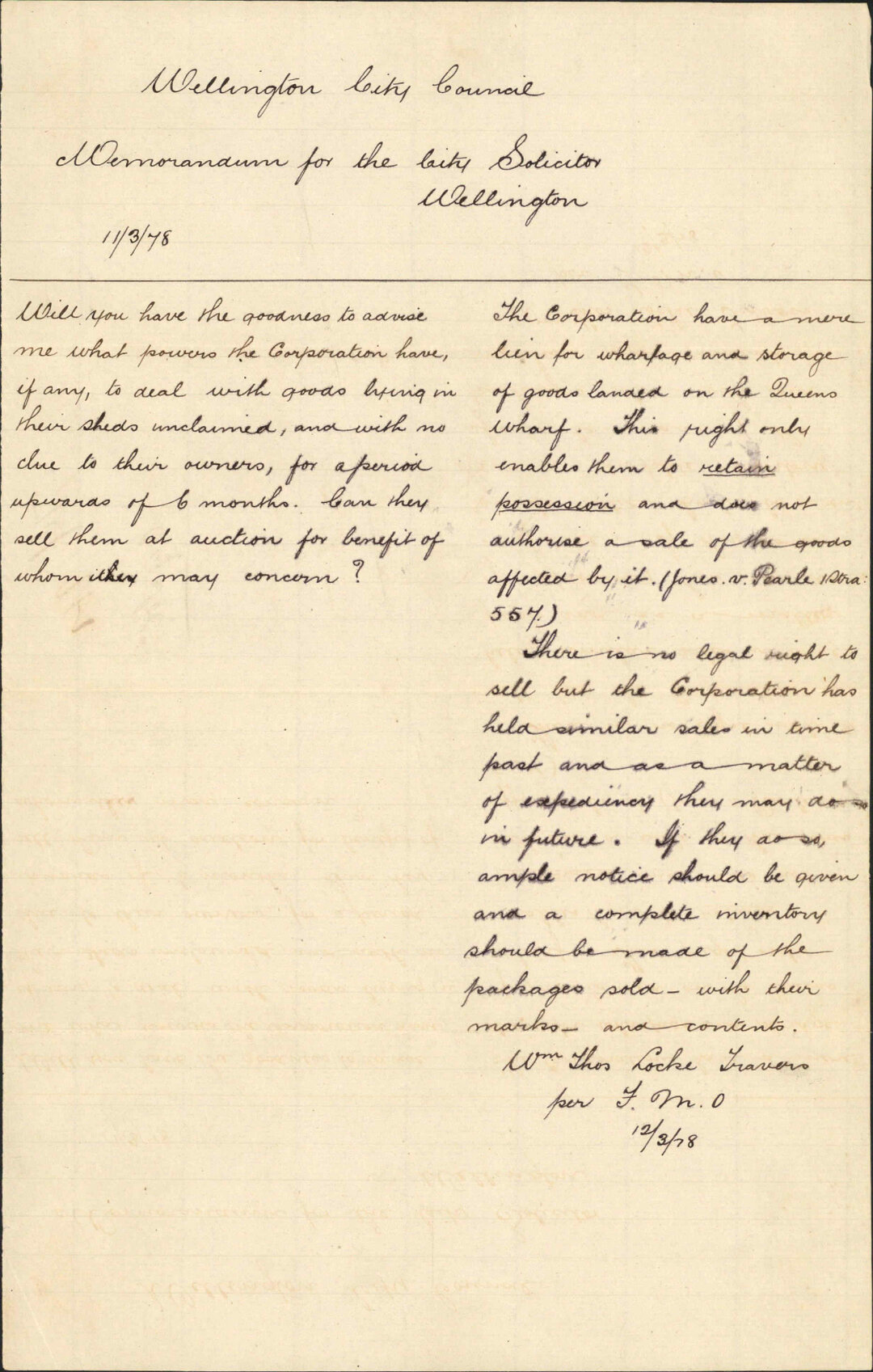 Re memo for City Solicitor re unclaimed goods at wharf - William Thomas Locke Travers