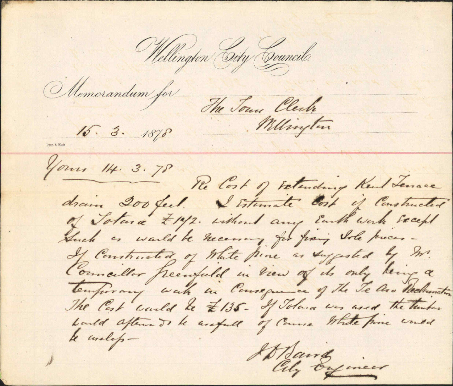 Re memo to Town Clerk re cost of extending Kent Terrace drain - City Engineer