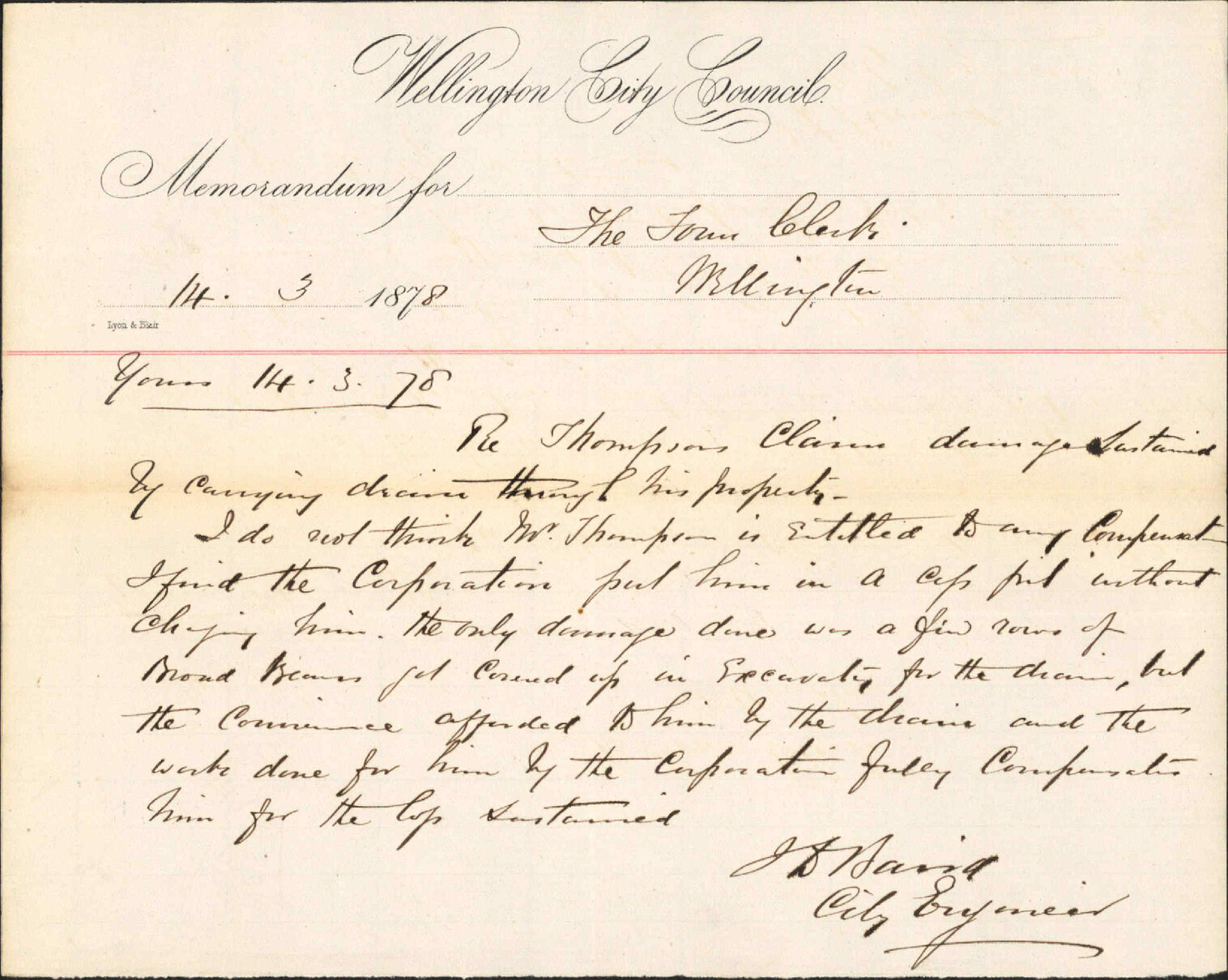 Re memo to Town Clerk re Thompson claim re damage to property - City Engineer