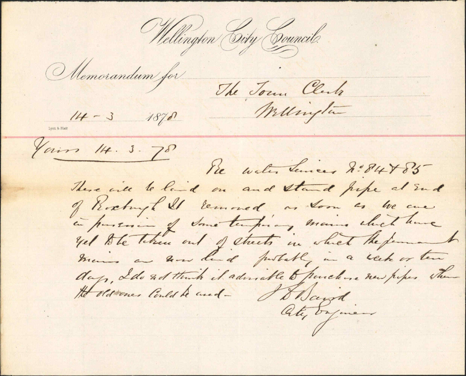 Re memo to Town Clerk re water services 84 and 85 - City Engineer