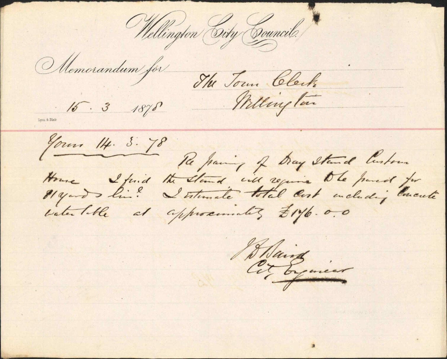 Re memo to Town Clerk re paving of dray stand, Customhouse Street - City Engineer