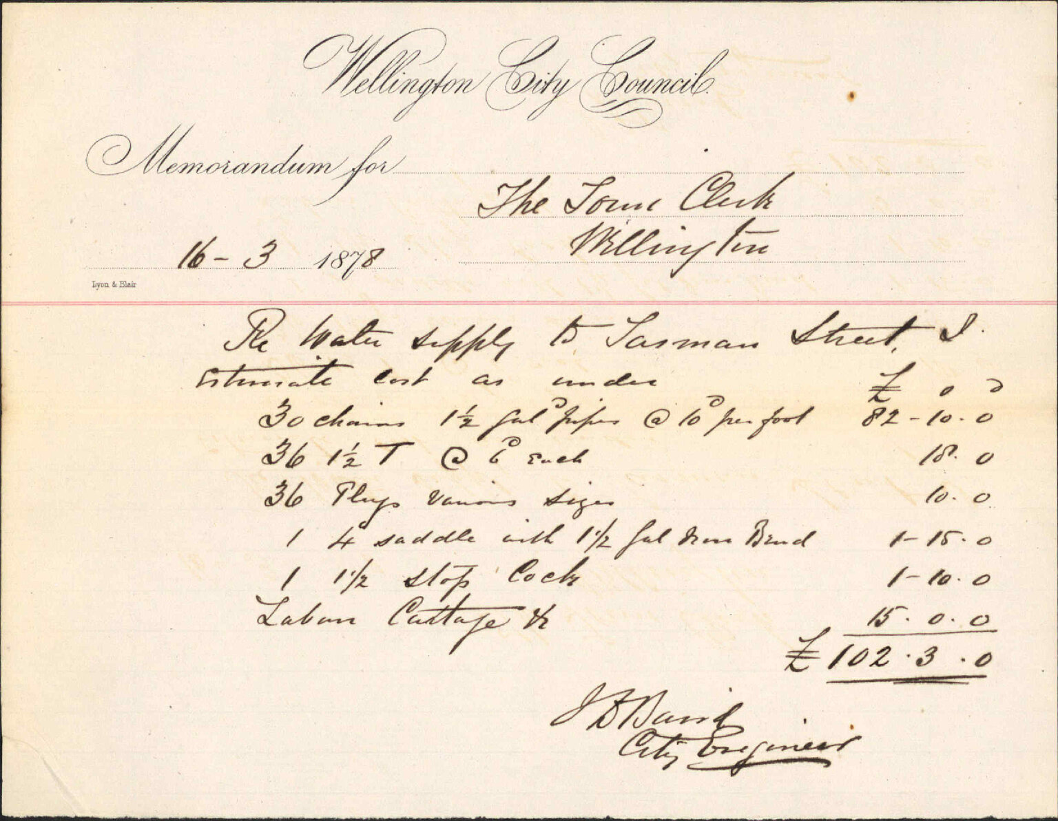 Re memo to Town Clerk re water supply to Tasman Street - City Engineer