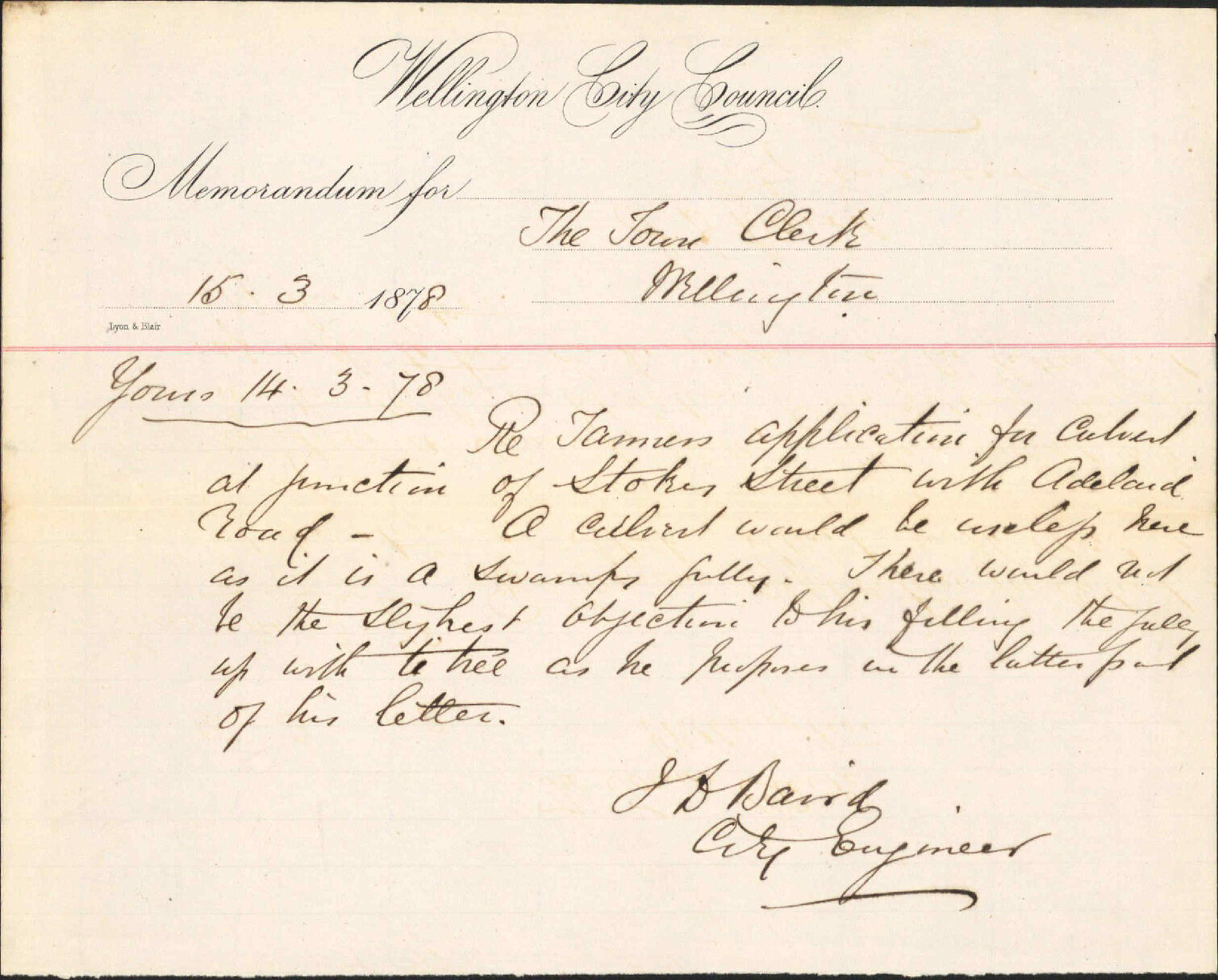 Re Memo to Town Clerk re Tanners application for culvert at junction Stokes Street/Adelaide Road - City Engineer