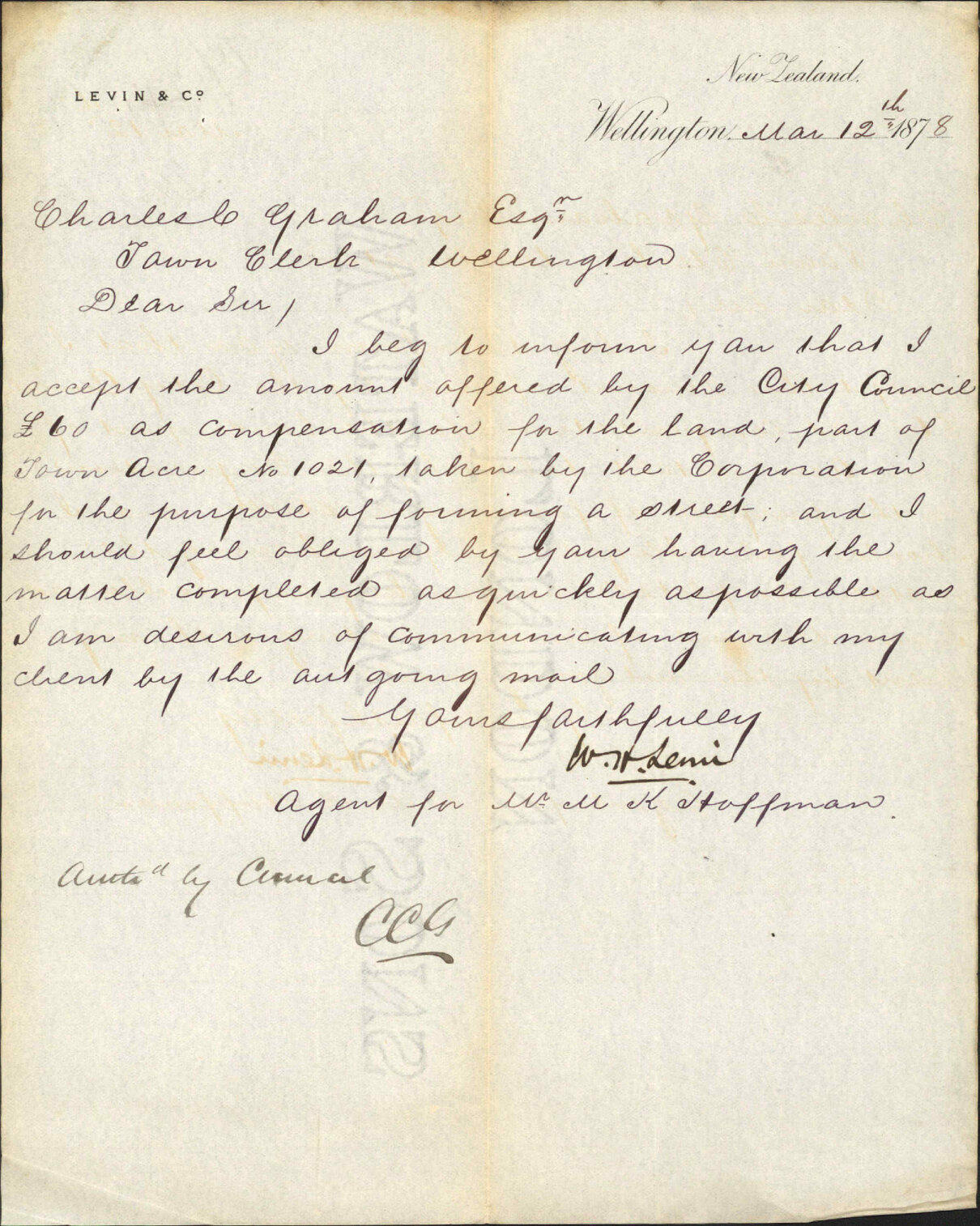 Re compensation for loss of land due to street formation, through Town Acre 1021 - Levin and Co