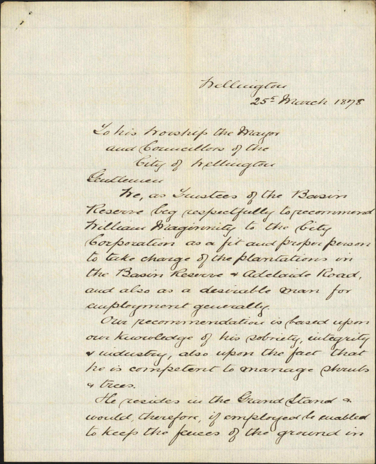 Re recommending William Maginnity to take charge of plantations in the Basin Reserve, Adelaide Road - Basin Reserve Trustees