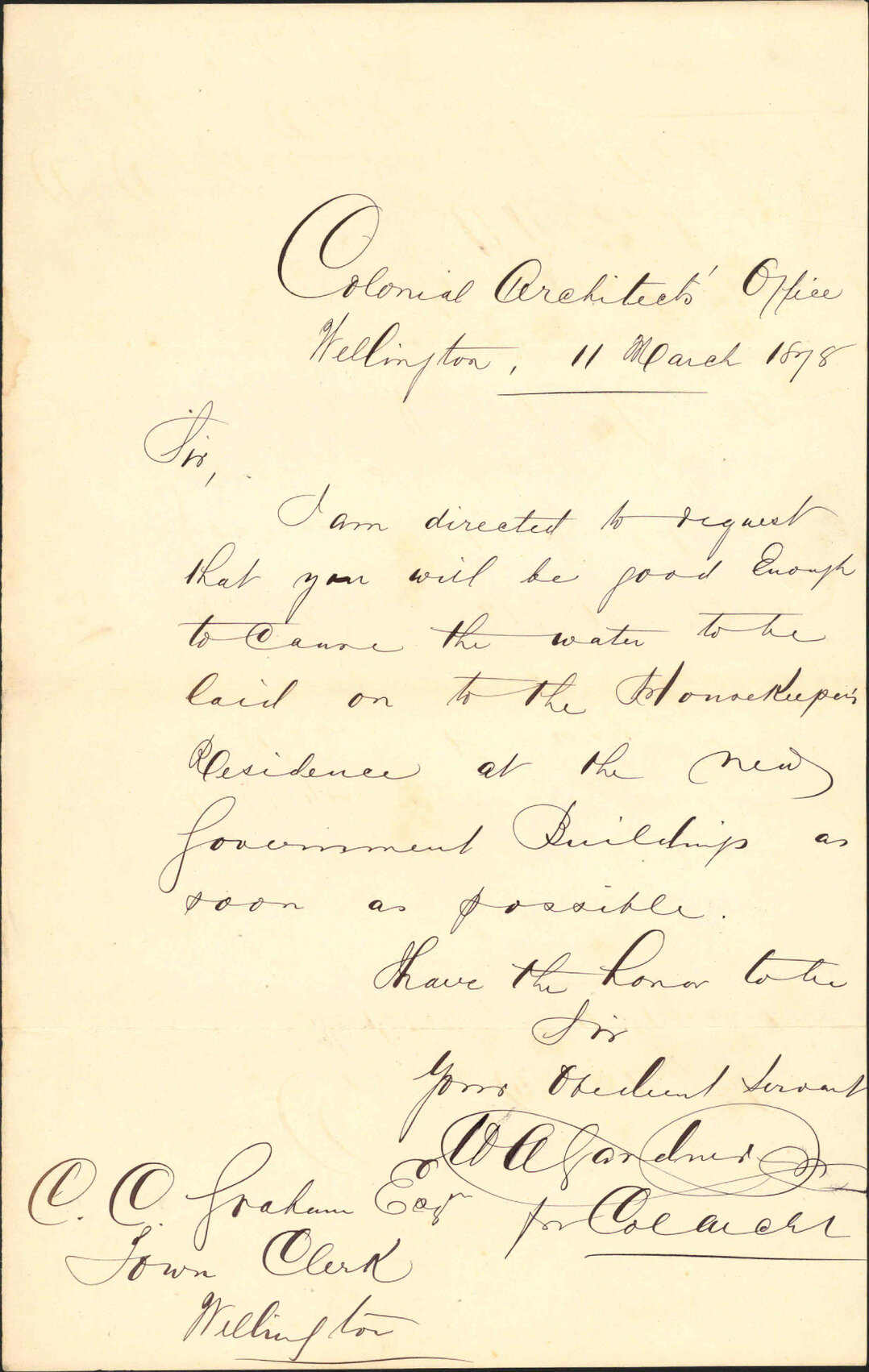 Re laying water on to housekeeper's residence at Government Buildings asap - Colonial Architect's Office