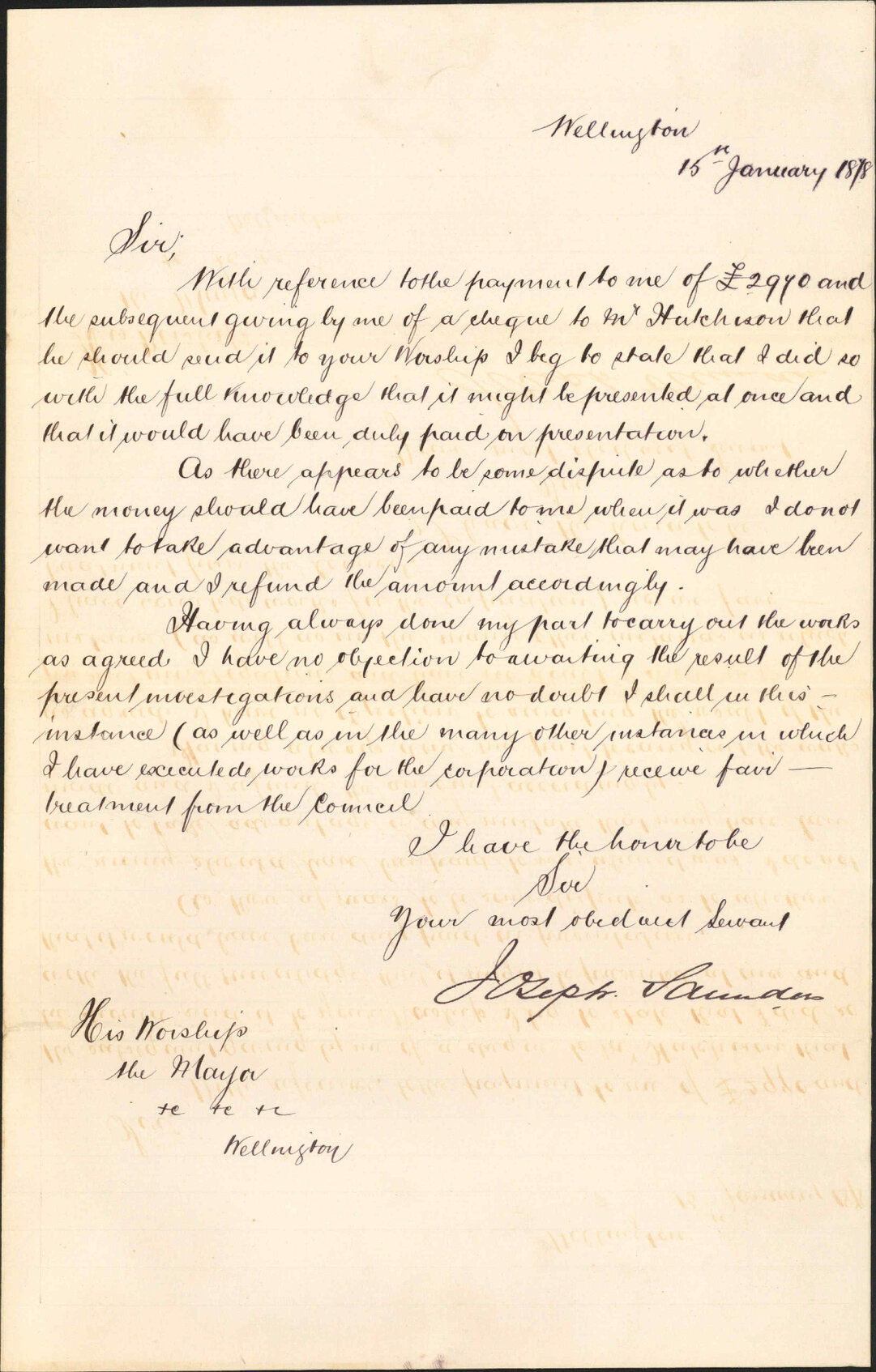 Re cheque from Mr Saunders - Joseph Saunders