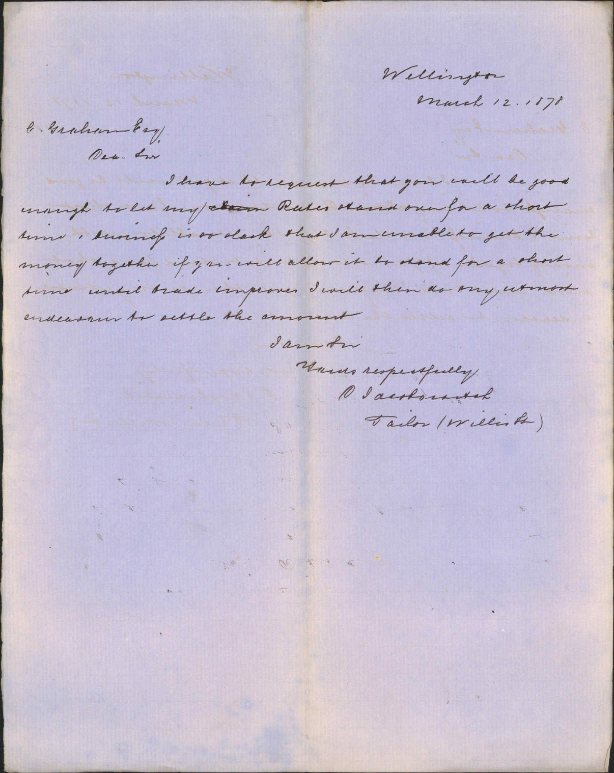 Asking permission to delay rates payment - I Jacobsworth, Tailor on Willis Street