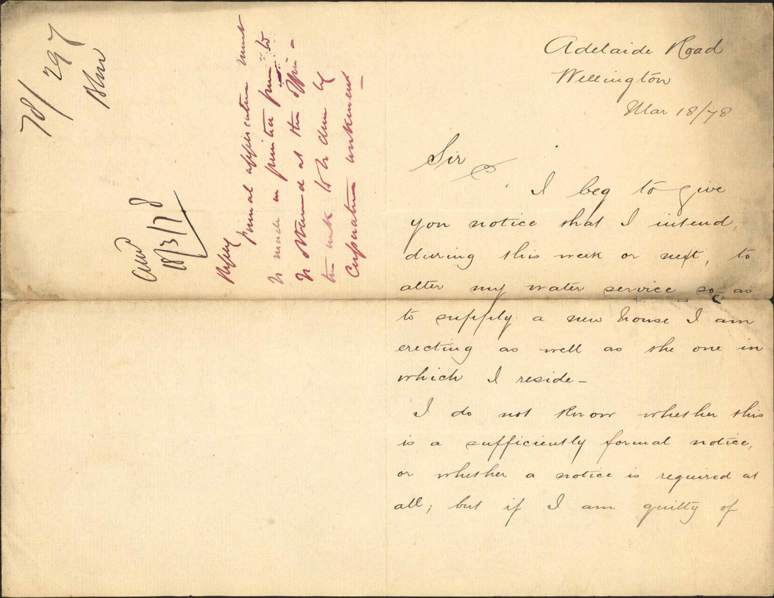 Giving notice to alter water supply for new house being erected - Mr Glow