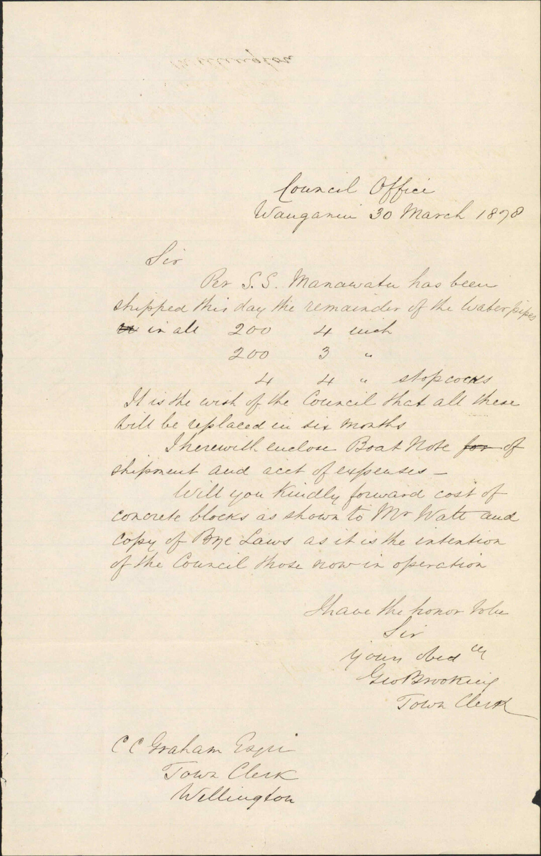 Re shipping water pipes - Town Clerk, Wanganui