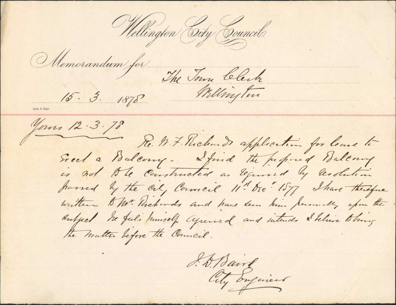 Re memo to Town Clerk re M J Richards application to erect a balcony - City Engineer