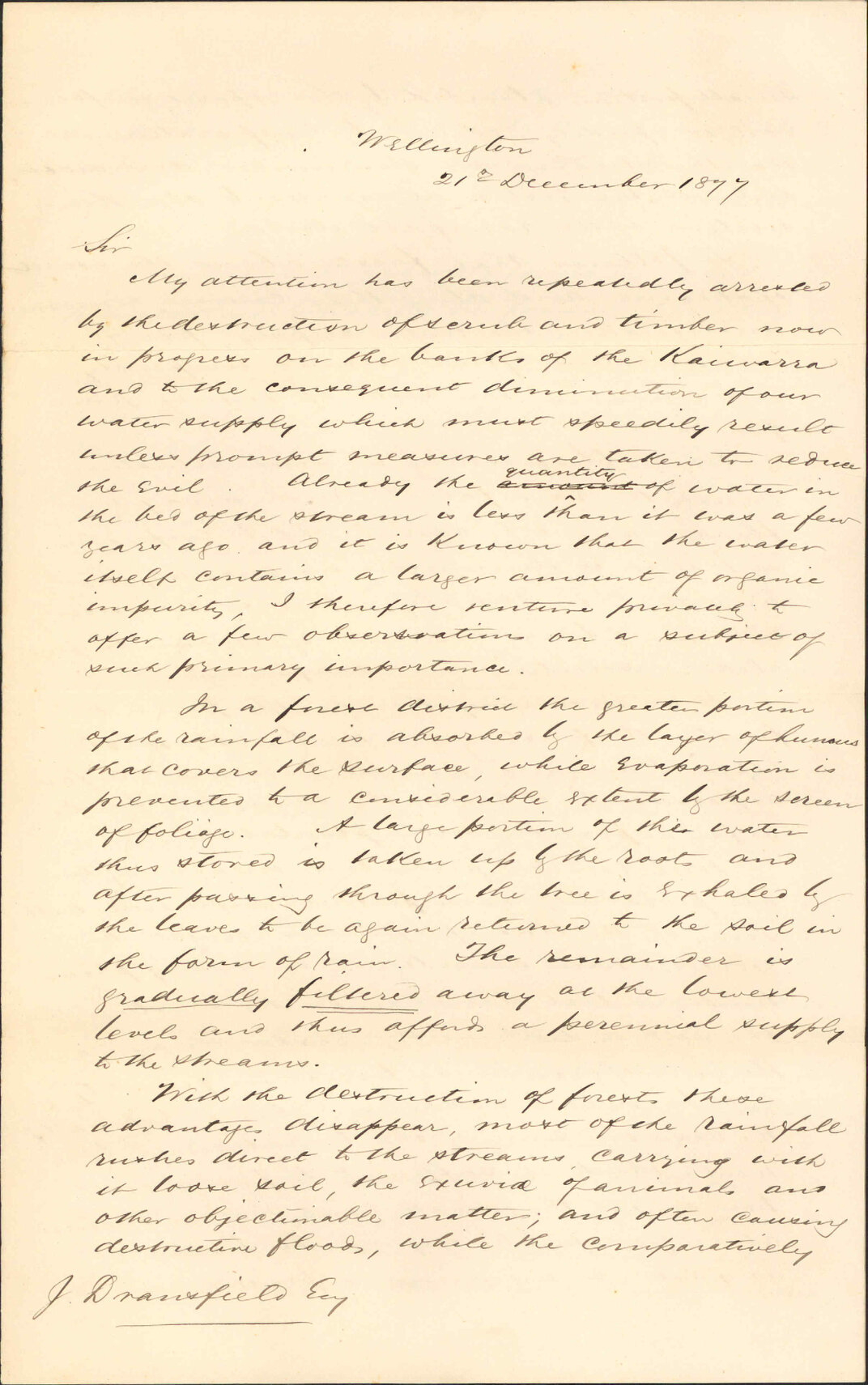 Re destruction of scrub and timber on the banks of the Kaiwarra [Kaiwharawhara] - J Kirk, Wellington College