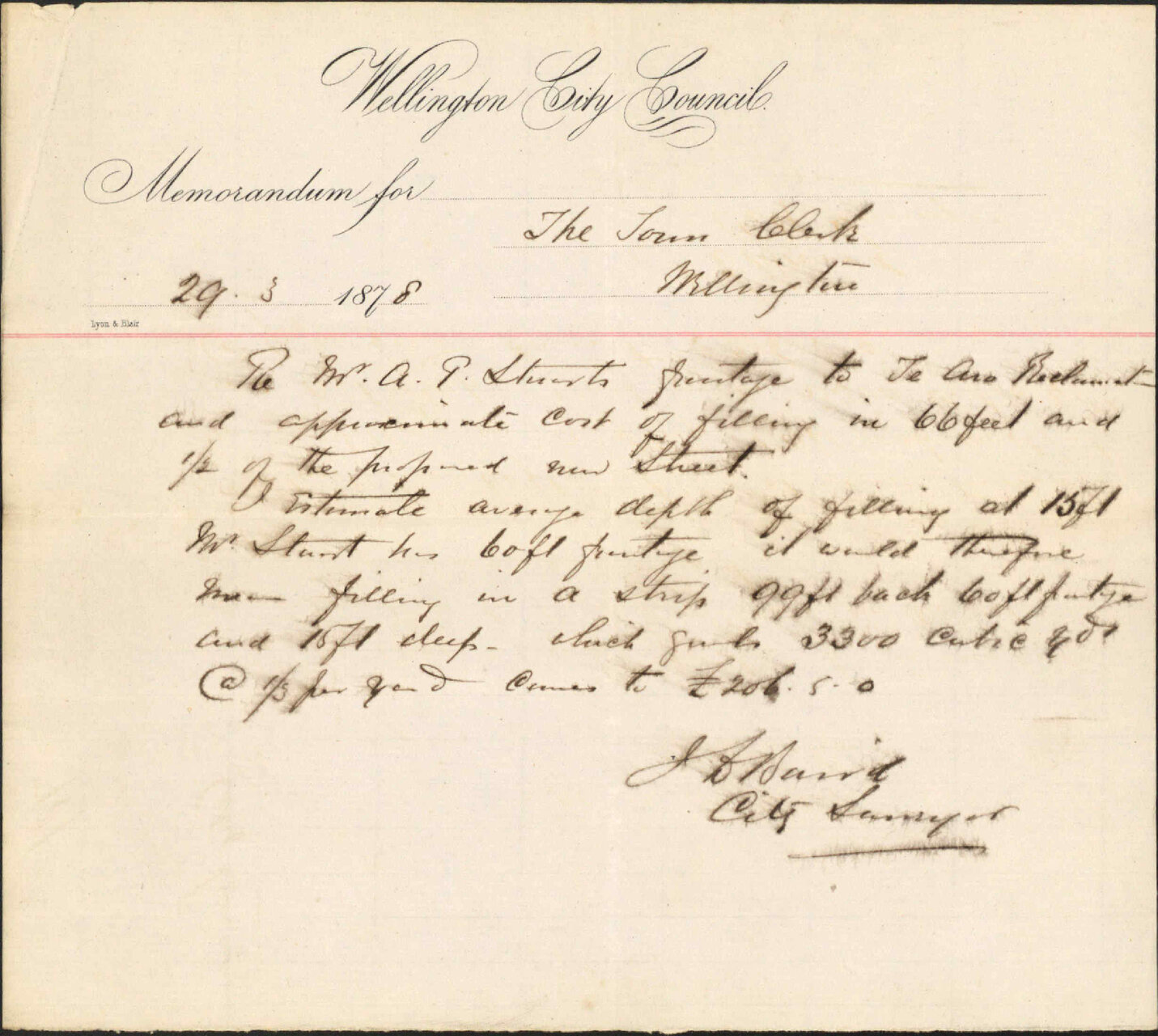 Re memo to Town Clerk re Mr A P Stuart's frontage to Te Aro reclamation -J Baird, City Engineer