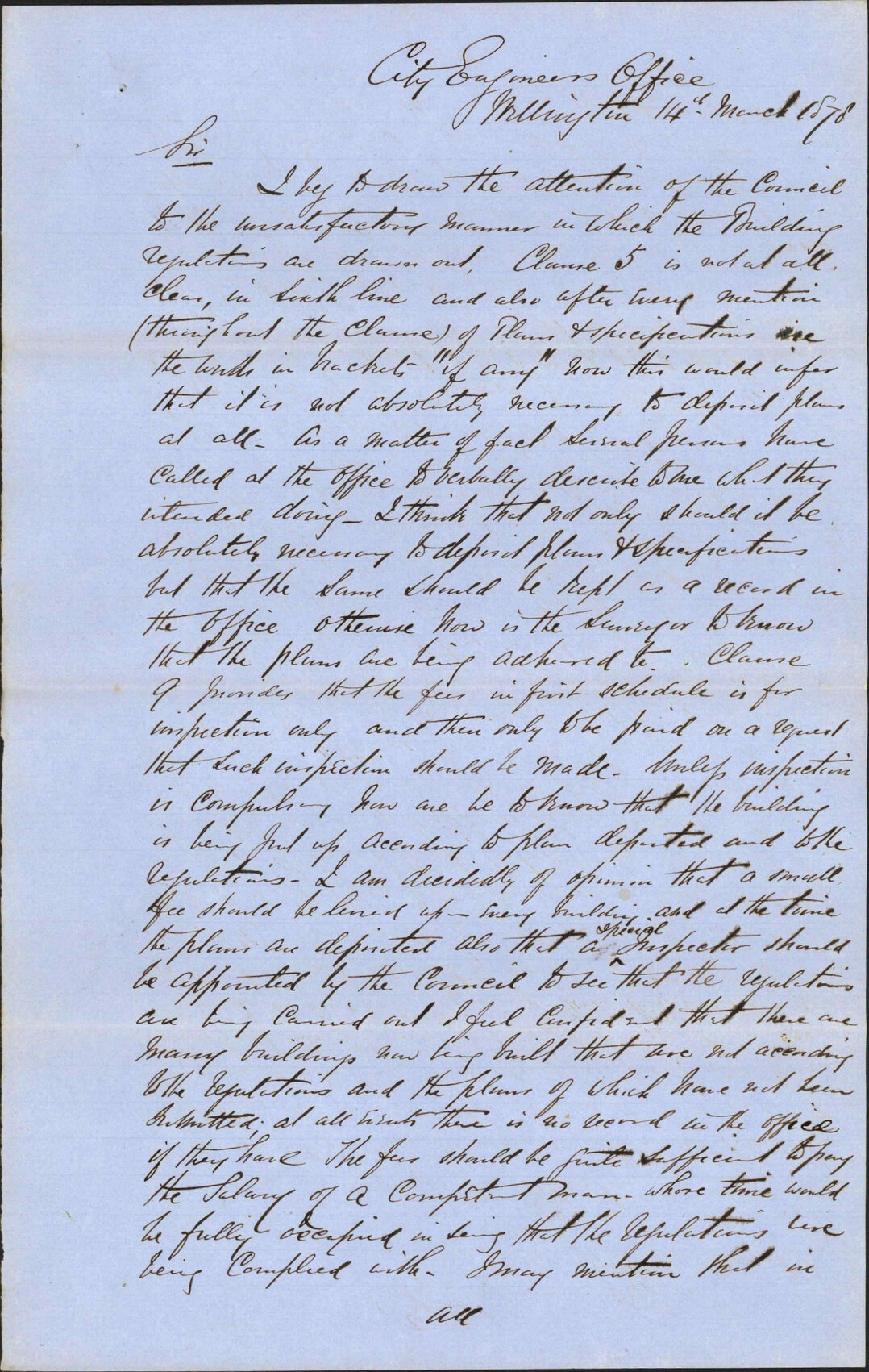 Re report re building regulations - City Engineer