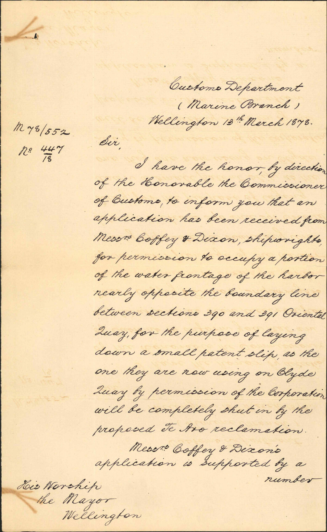 Re permission for Messrs Coffey and Dixon to occupy part of water frontage - Secretary of Customs