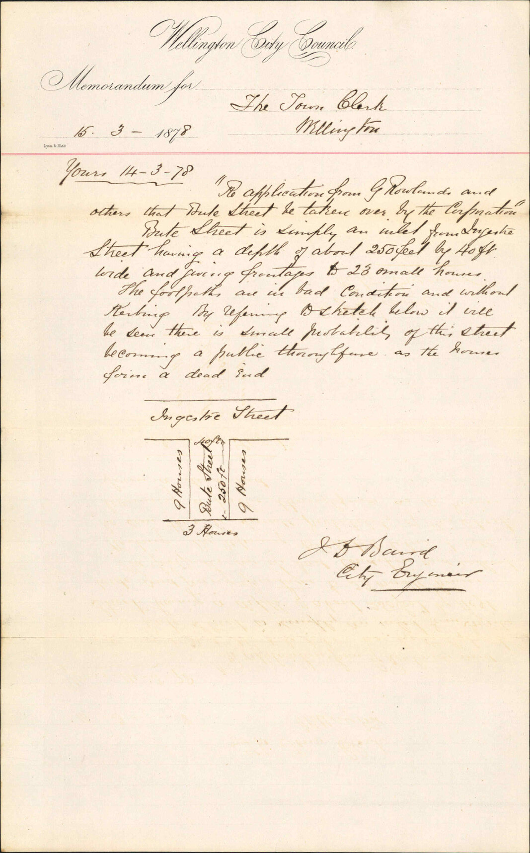 Re memo to Town Clerk re application from G Rowlands and others that Bute Street should be taken over - City Engineer