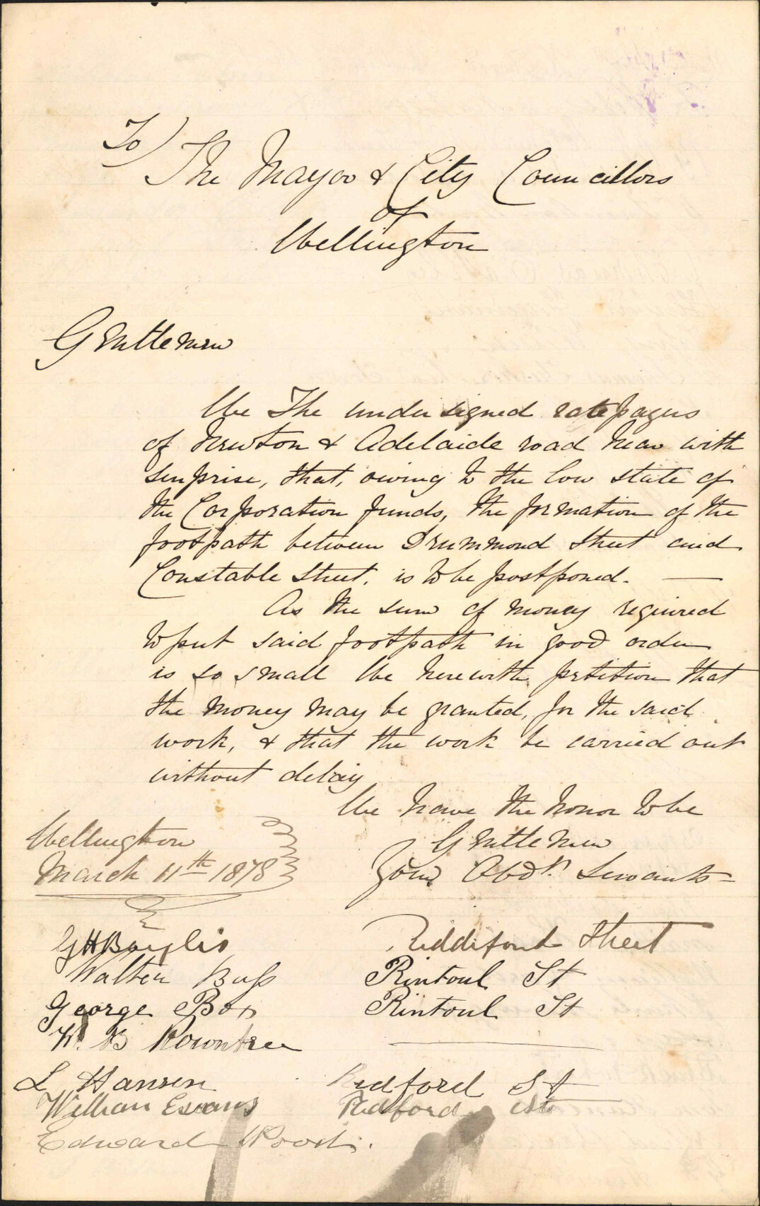 Re making footpath between Drummond Street and Constable Street - residents of Adelaide Road, Newtown