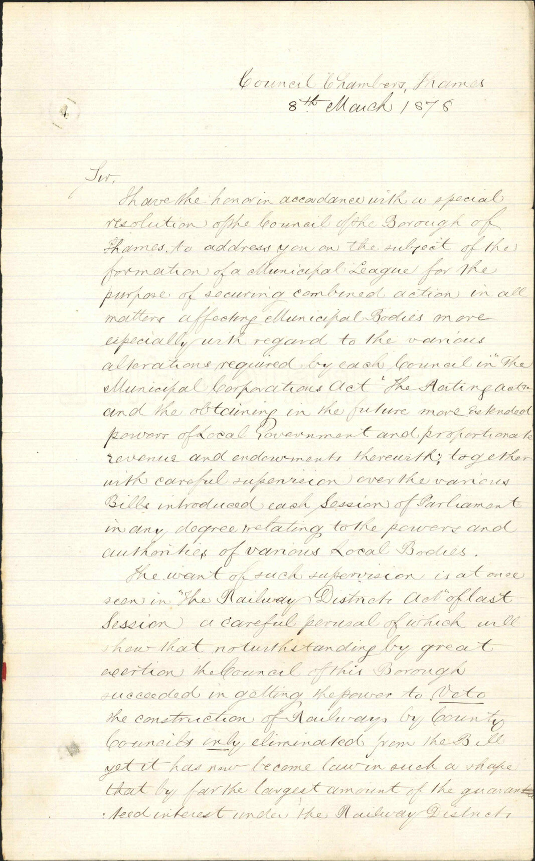 Re formation of Municipal League - Town Clerk, Thames