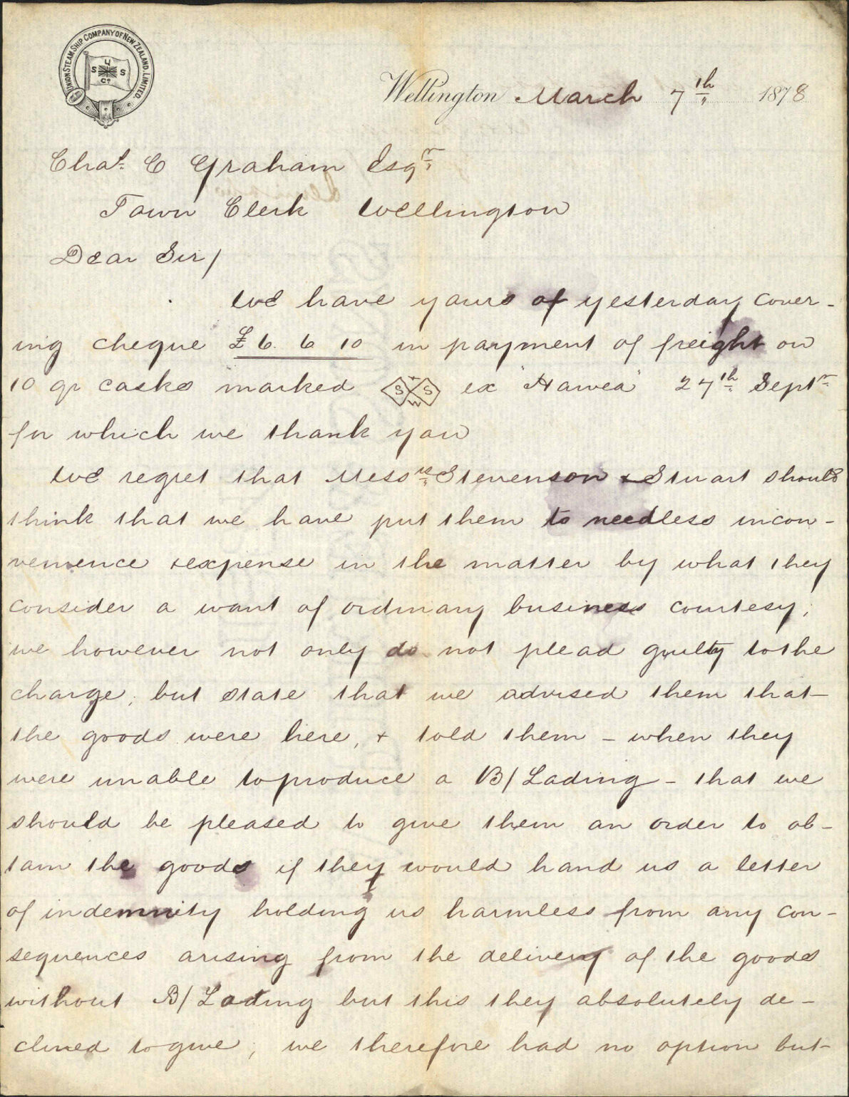 Re delivery of goods from Hawea - Union Steam Ship Co [USSCo] Ltd