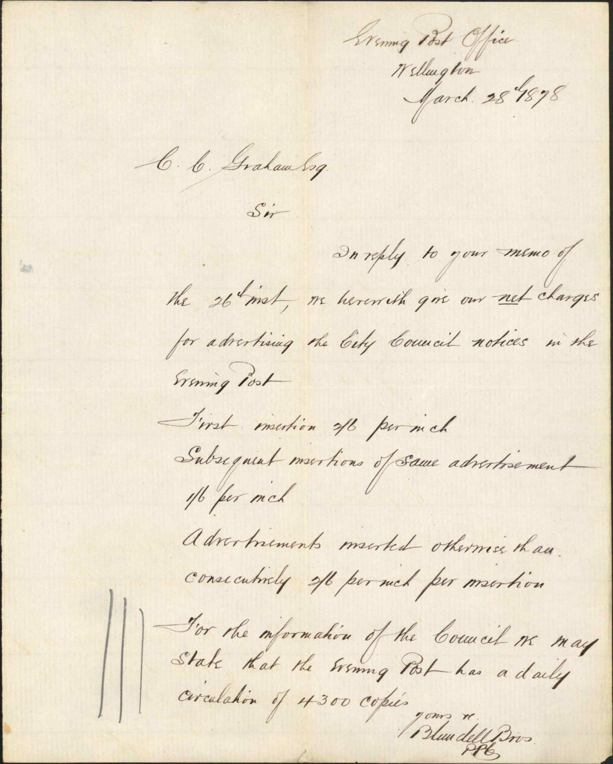 Re charges for advertising in Evening Post - Blundell Bros