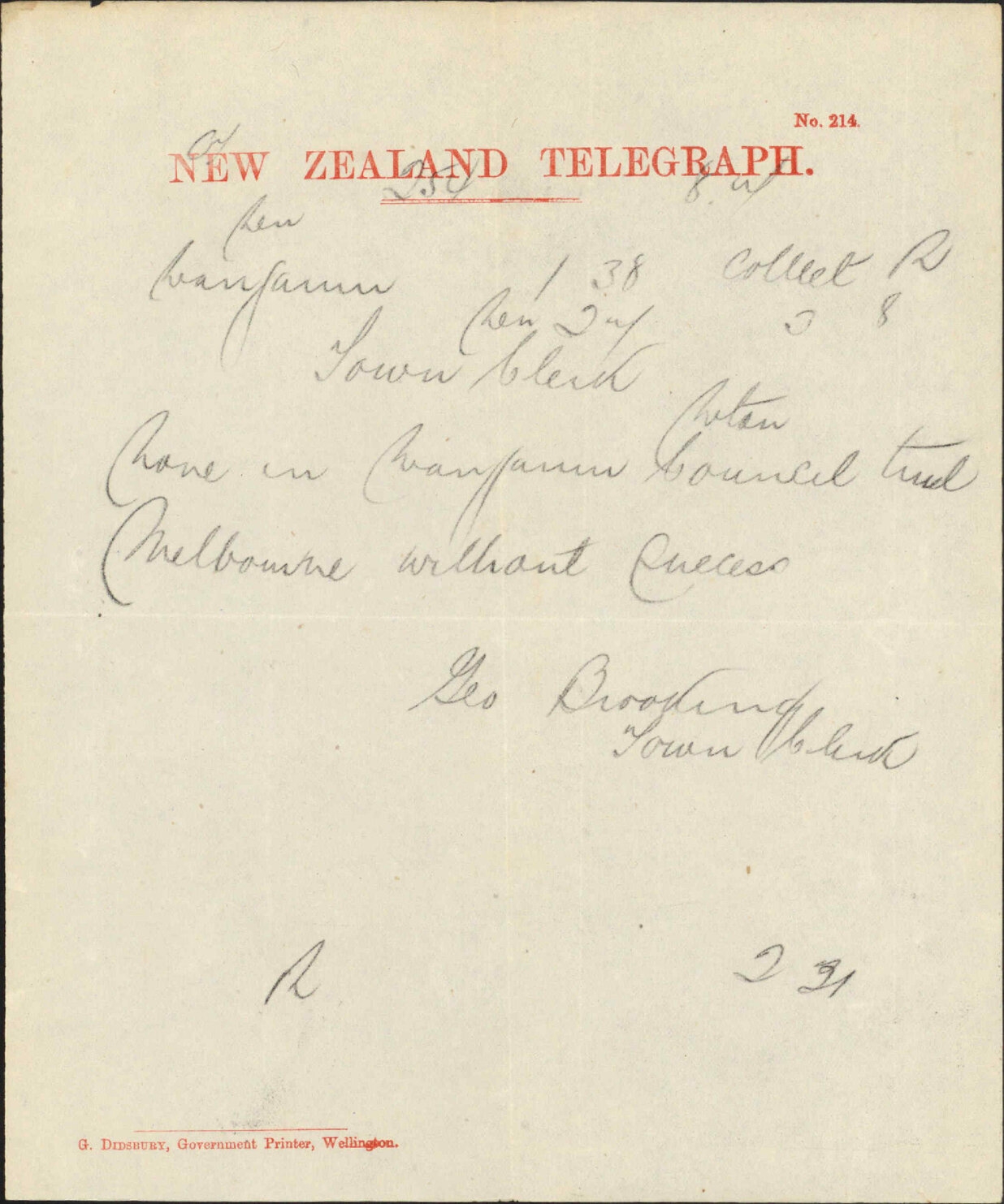 Re telegraphs re waterworks - Town Clerks New Zealand Boroughs
