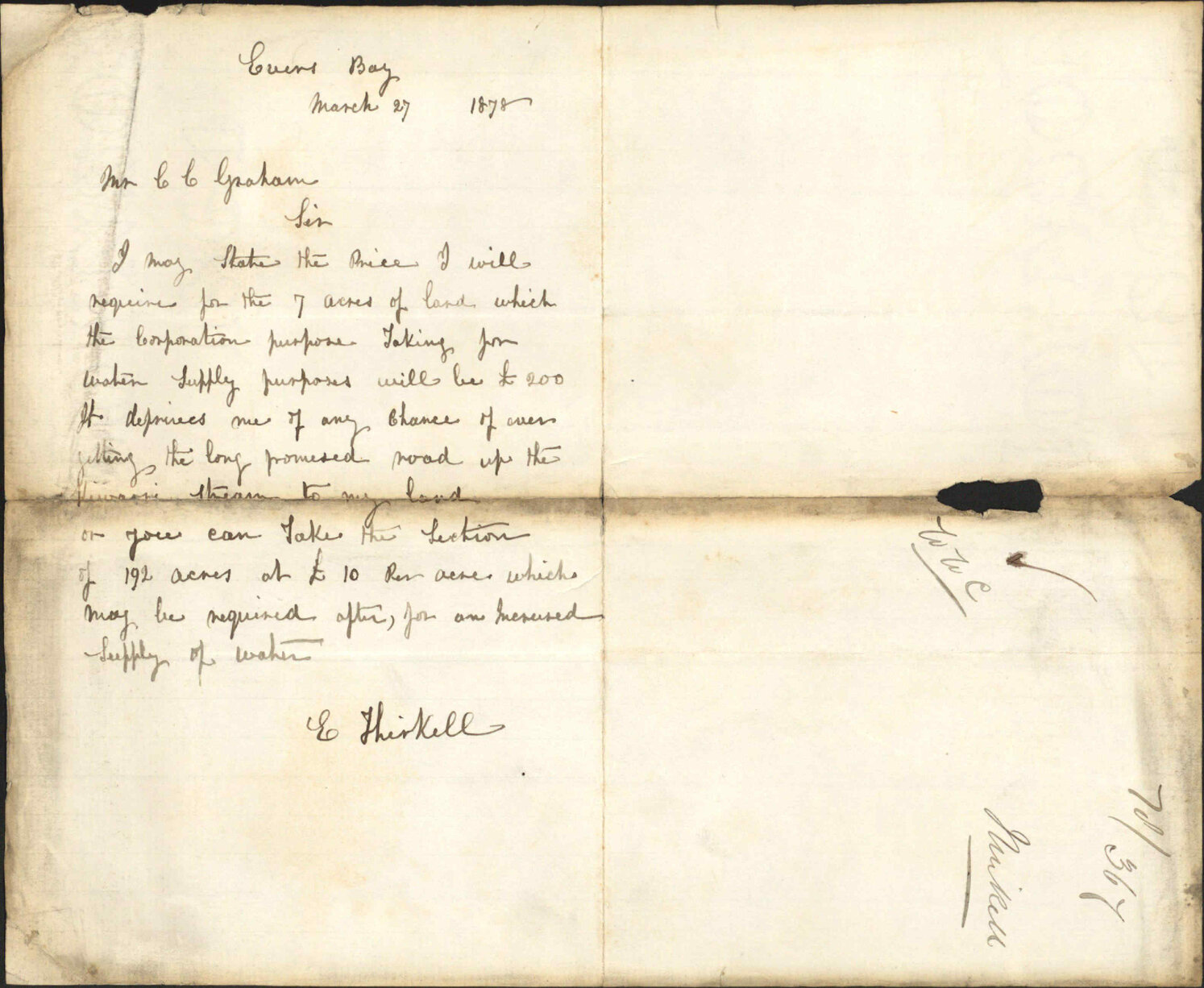 Re taking land for waterworks - E Thirkell