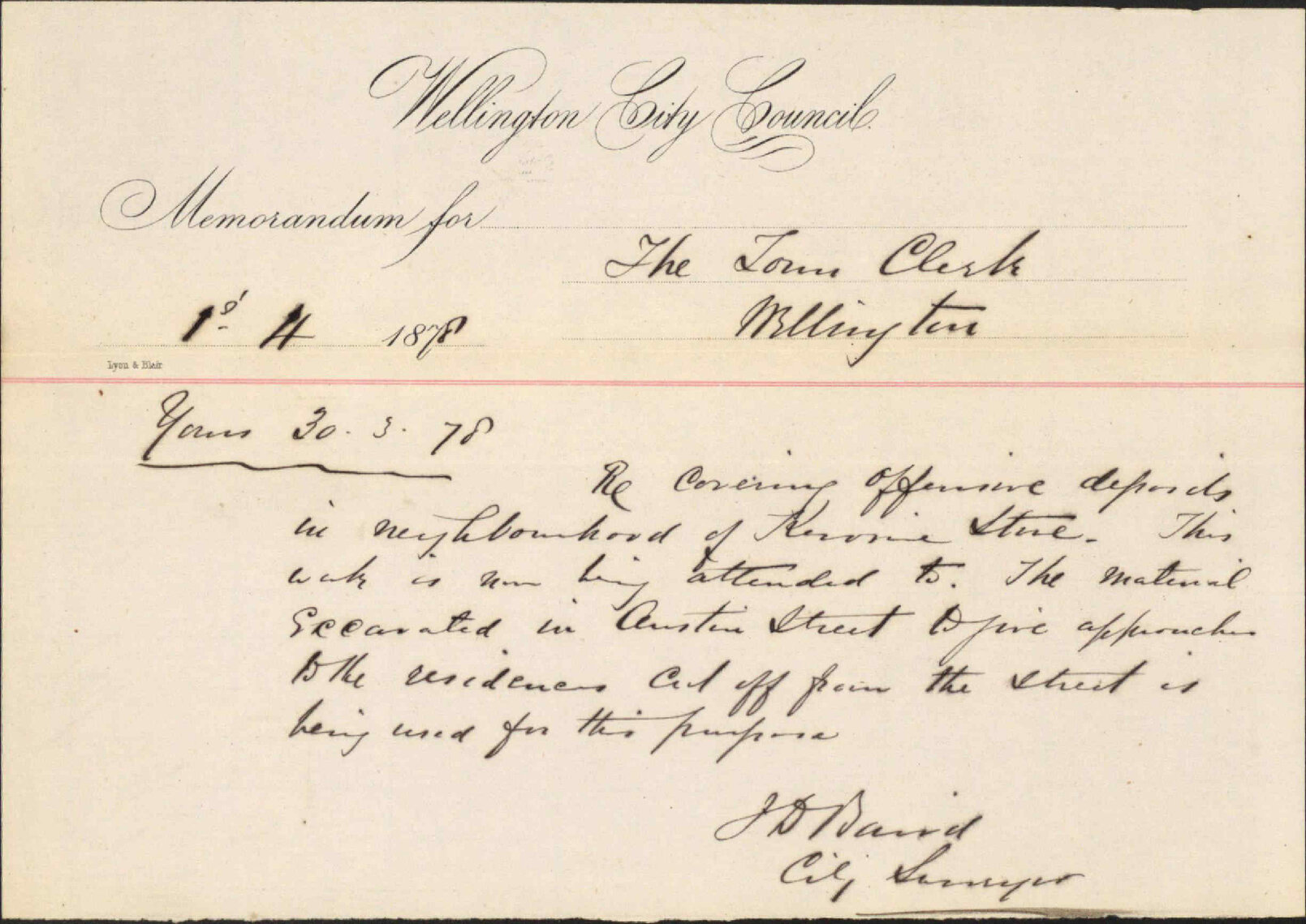 Re memo to Town Clerk re kerosene store - J Baird, City Surveyor